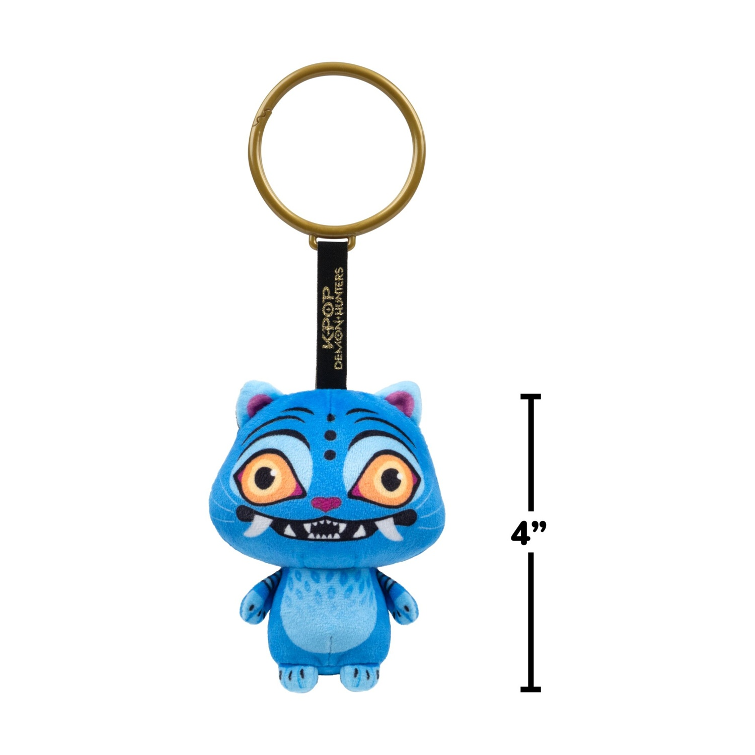 Un piccolo portachiavi di peluche a forma di tigre blu con grandi occhi gialli, alto quattro pollici su sfondo bianco.
