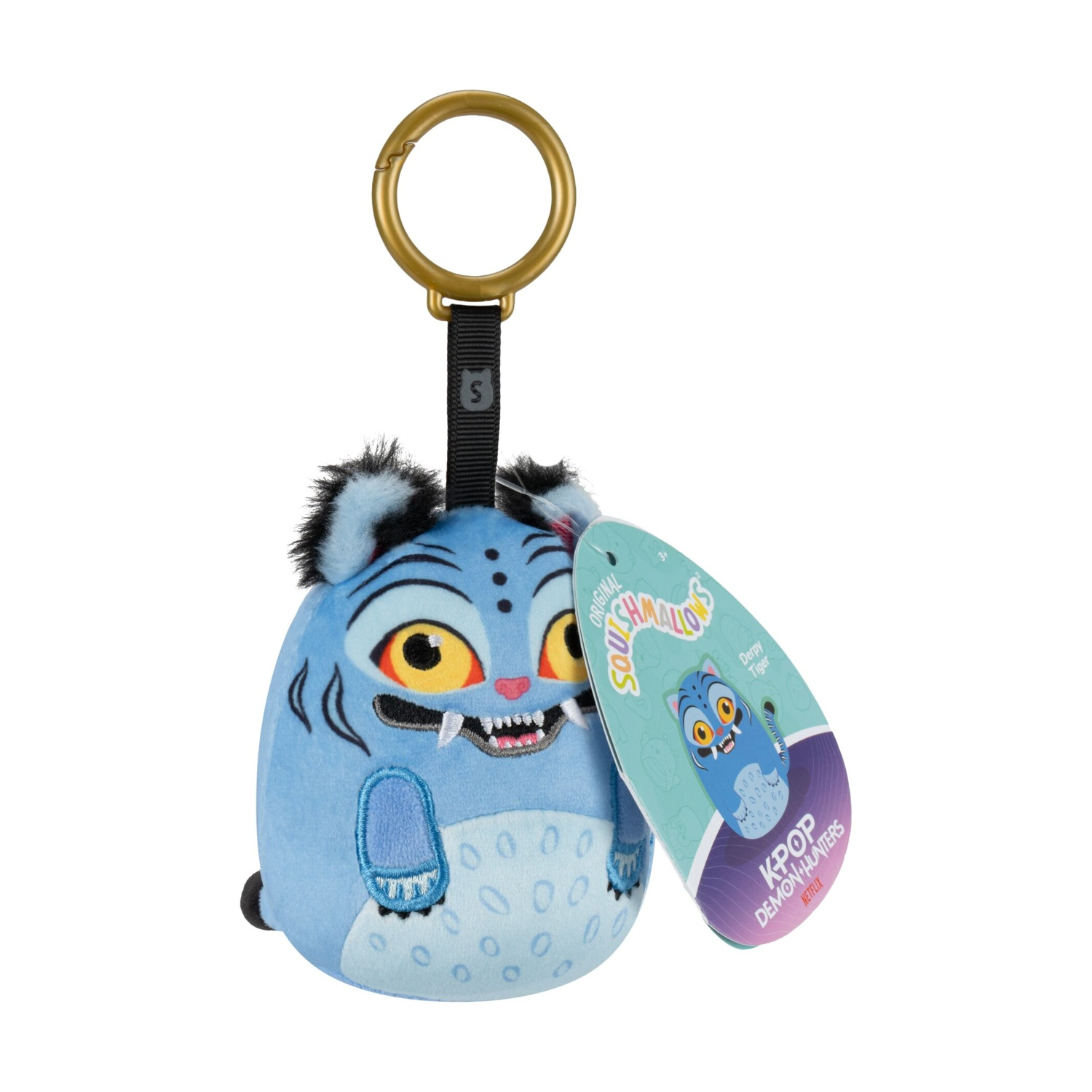 Un portachiavi di peluche a forma di tigre blu con occhi gialli e un'etichetta.