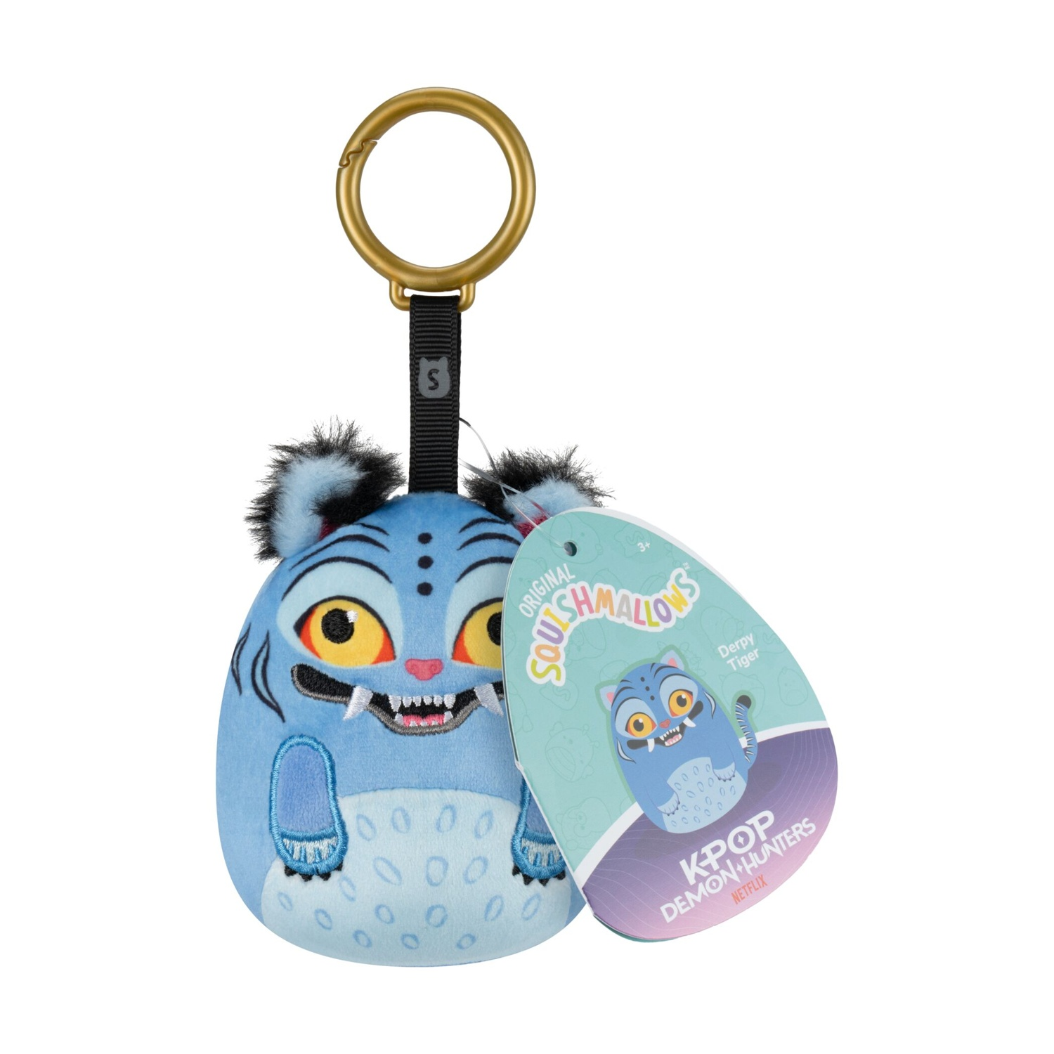 Un portachiavi di peluche tigre blu Squishmallows con zanne, occhi gialli e un'etichetta su sfondo bianco.
