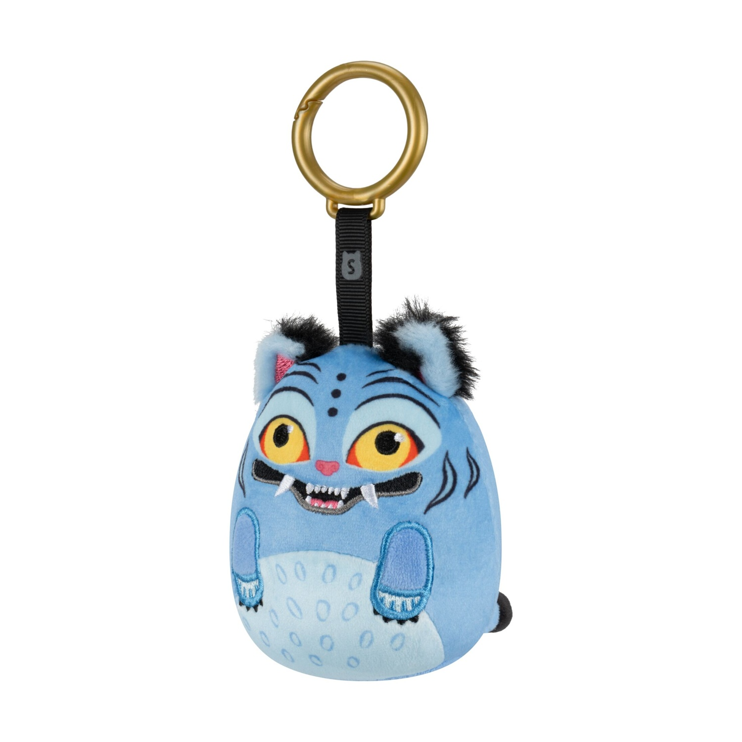 Un portachiavi di peluche blu con occhi gialli, un largo sorriso con denti aguzzi e un anello dorato.
