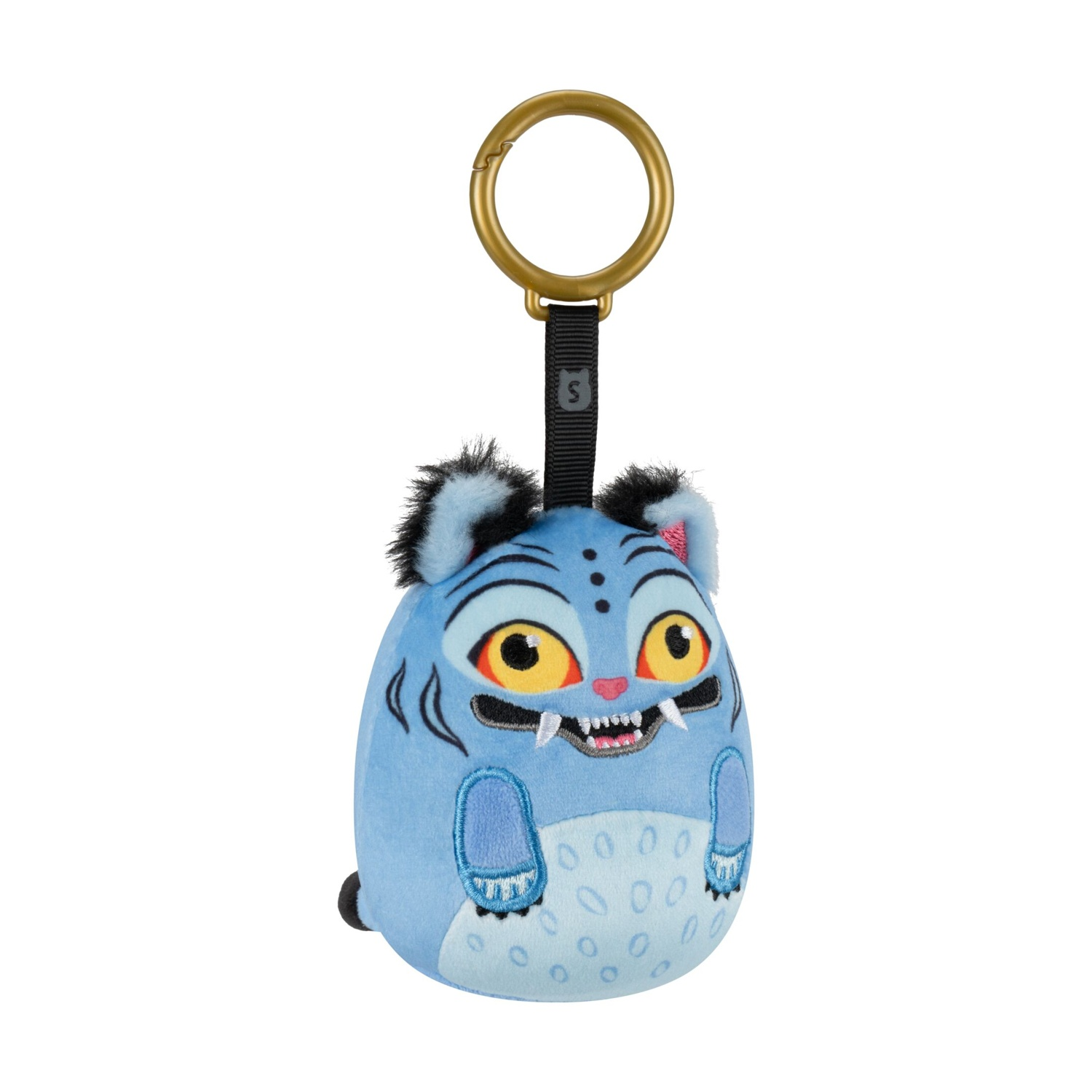 Portachiavi in peluche blu con grandi occhi gialli, un ampio sorriso, zanne e un anello dorato.