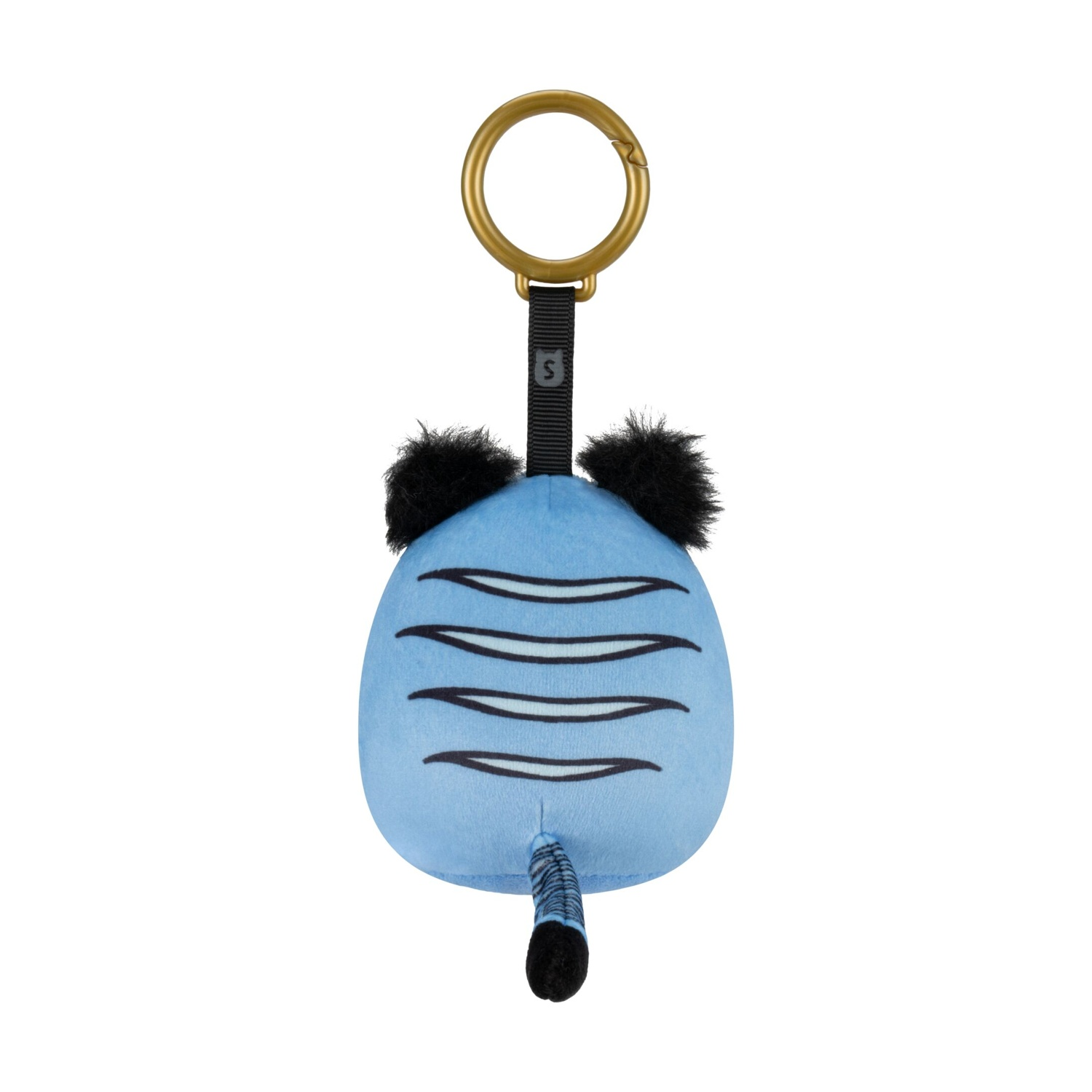 Un portachiavi di peluche blu con strisce nere, orecchie soffici e un anello dorato.