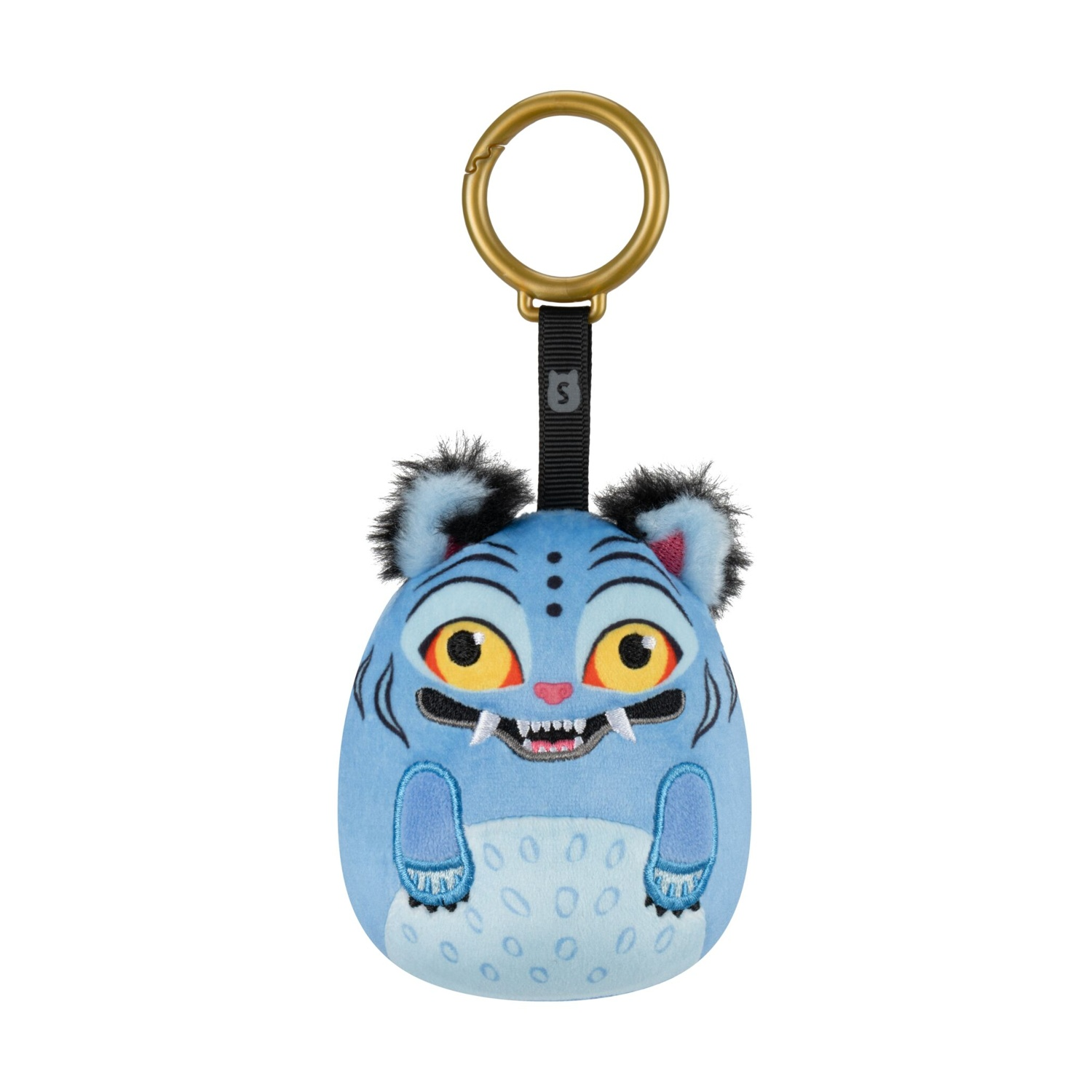 Portachiavi peluche blu con grandi occhi gialli, denti affilati e un anello dorato su sfondo bianco.