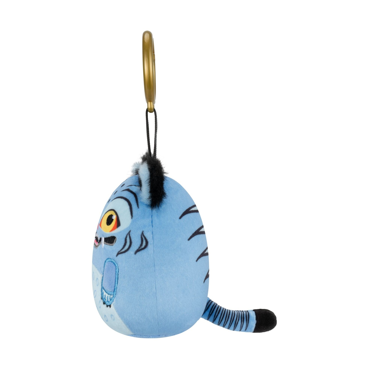 Un portachiavi di peluche blu a forma di uovo con occhio giallo, coda nera e anello dorato.