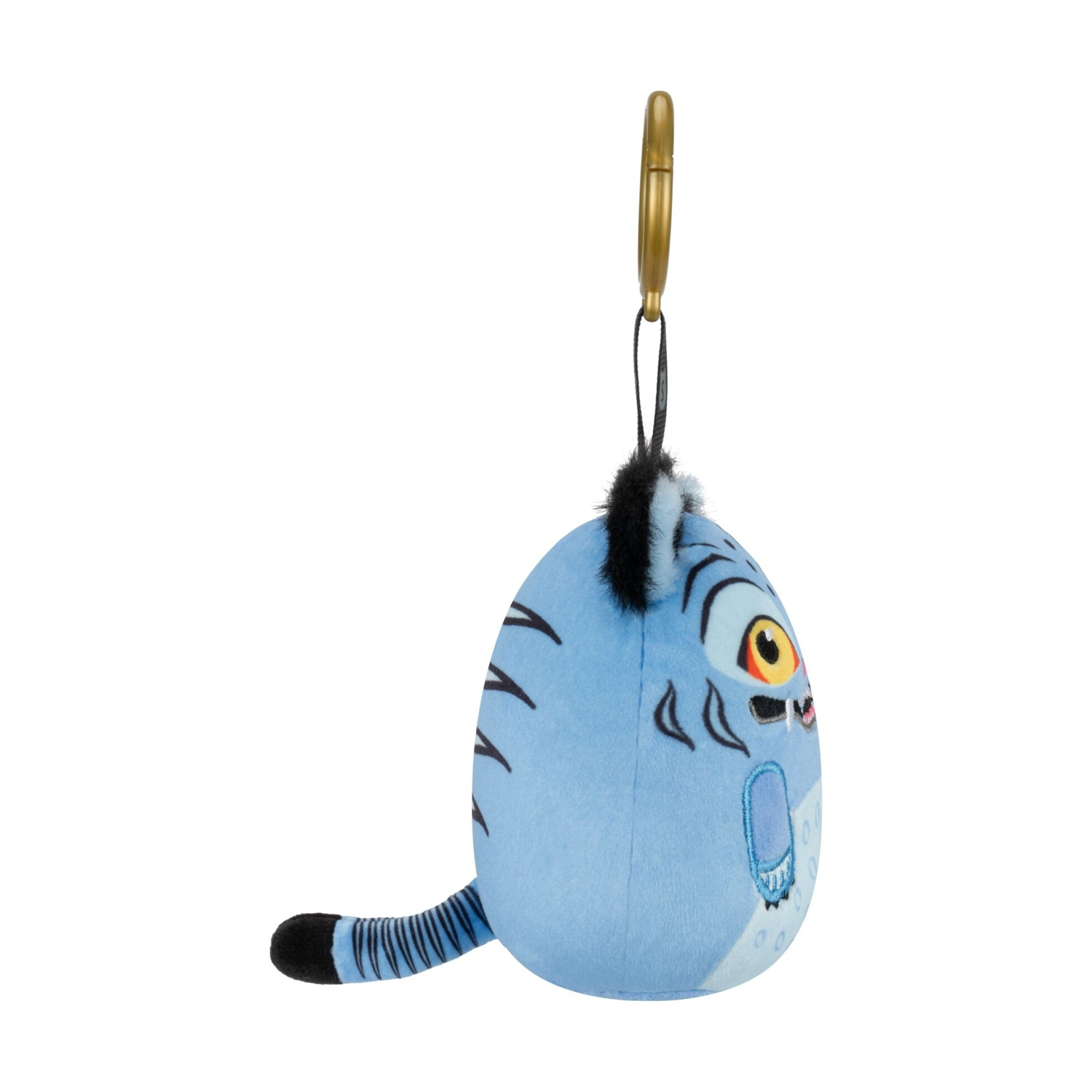 Un portachiavi tigre di peluche blu con strisce nere e un anello dorato su sfondo bianco.