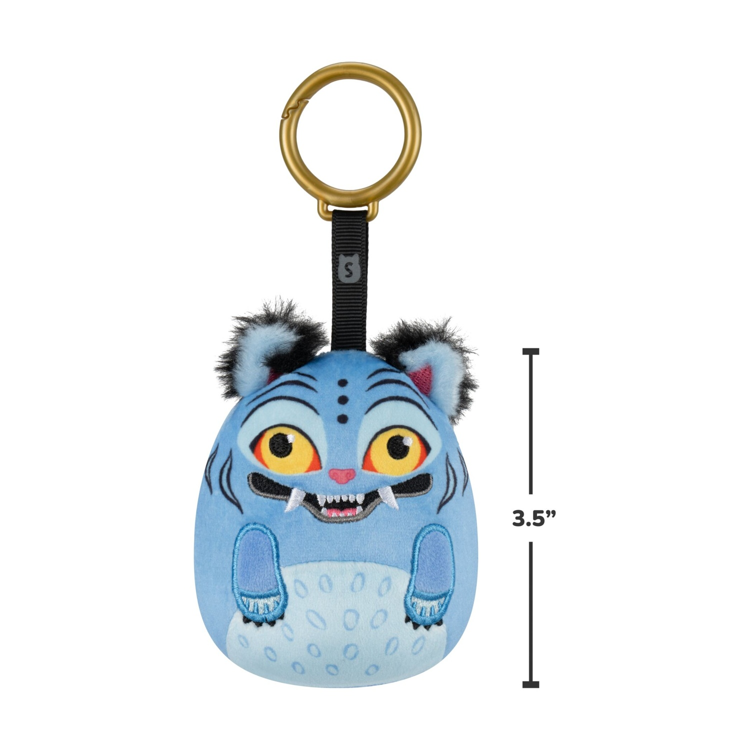 Un portachiavi di peluche mostro blu di 3,5 pollici con grandi occhi gialli e zanne.
