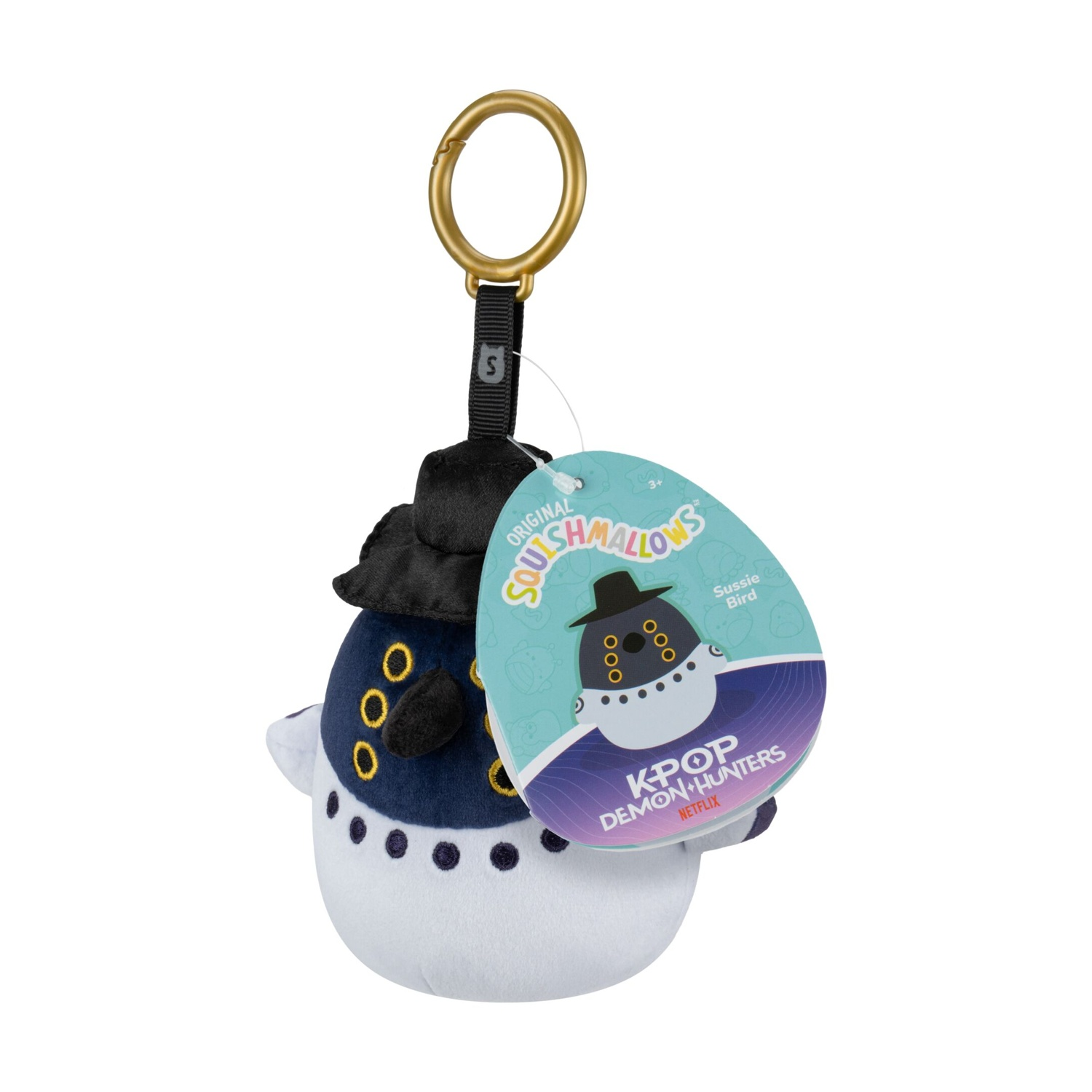 Portachiavi in peluche Sussie Bird Squishmallows con cappello nero ed etichetta su sfondo bianco.