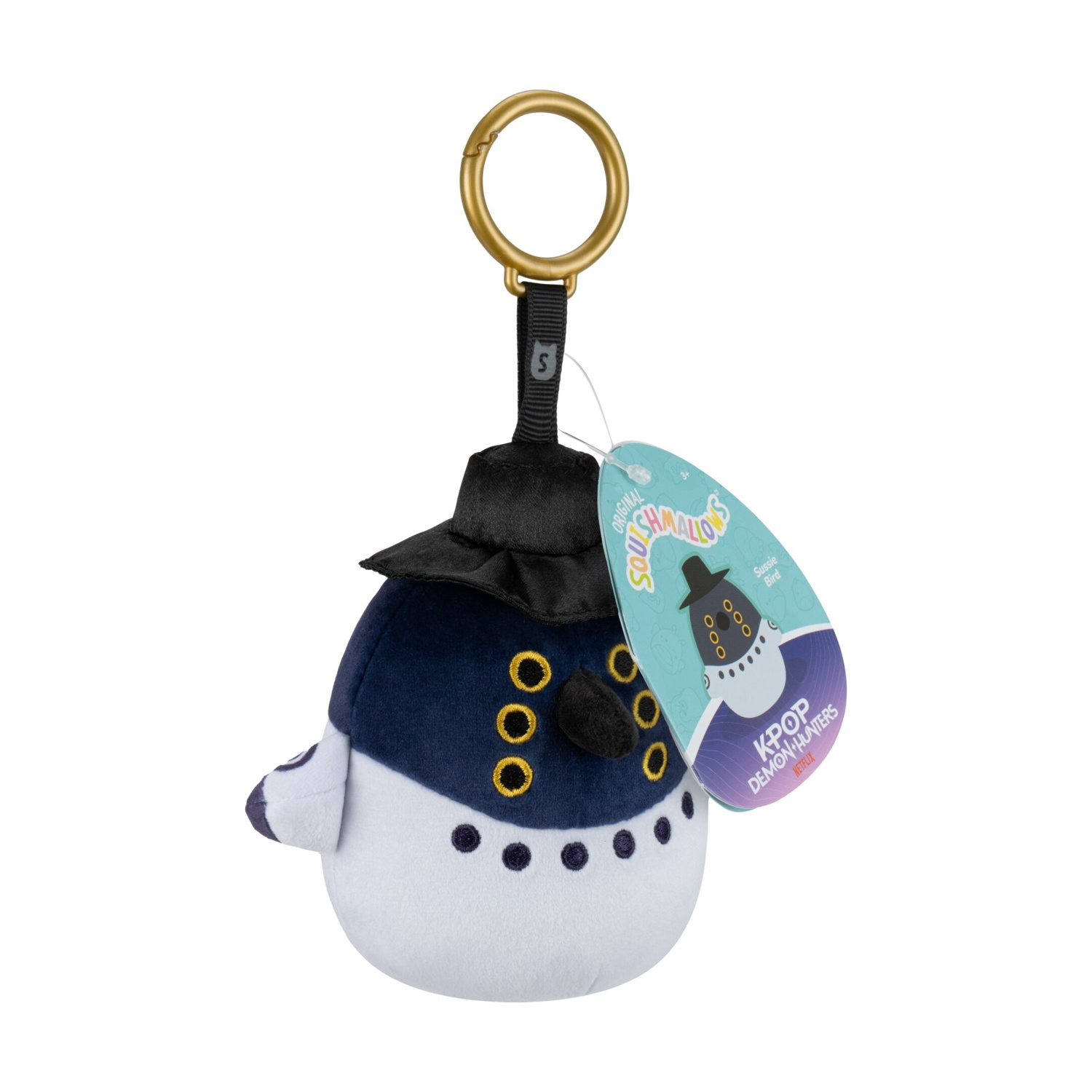 Portachiavi a forma di uccello in peluche blu e bianco con cappello nero su sfondo bianco.