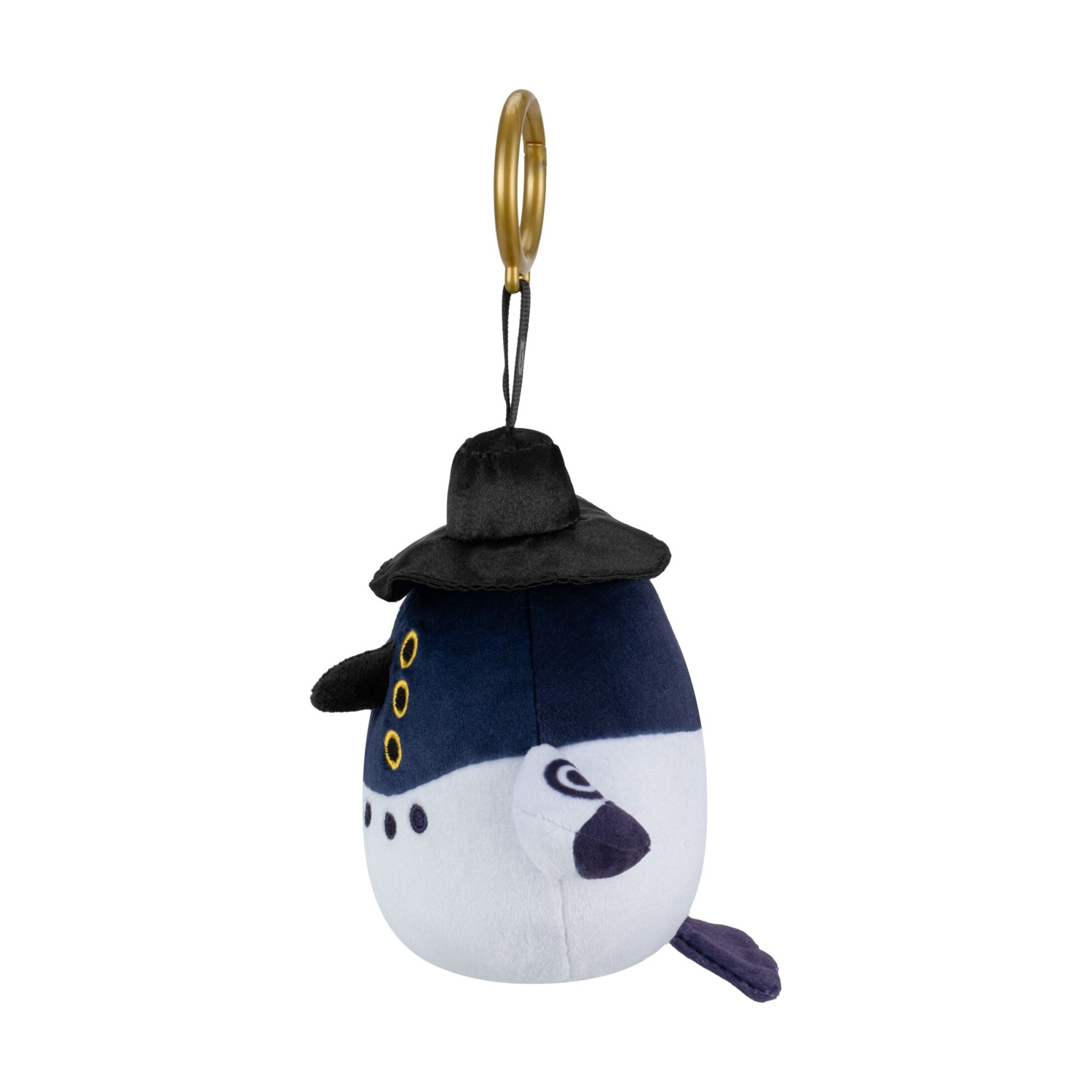 Portachiavi in peluche con ventre bianco, schiena scura, cappellino e anello dorato su sfondo bianco.