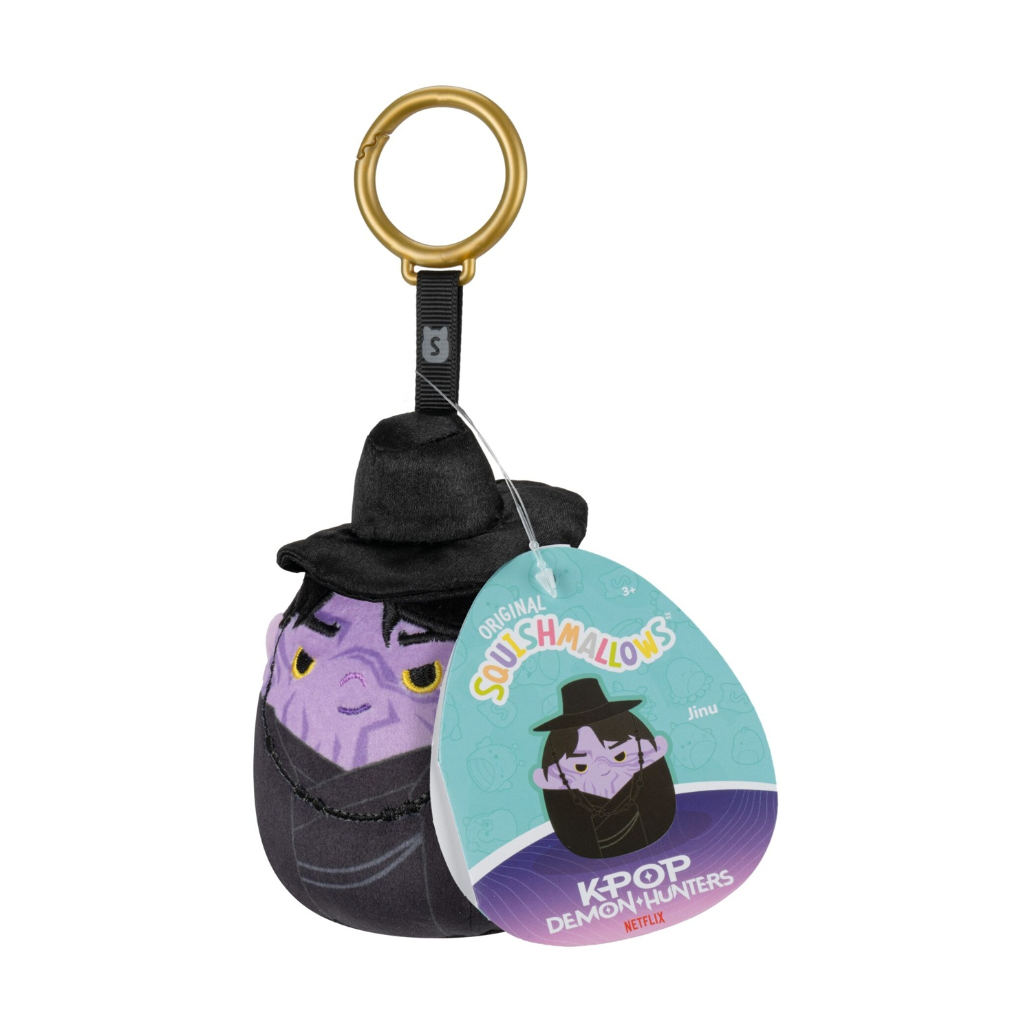 Un portachiavi in peluche Squishmallows Jinu Kpop Demon Hunters con anello dorato ed etichetta.