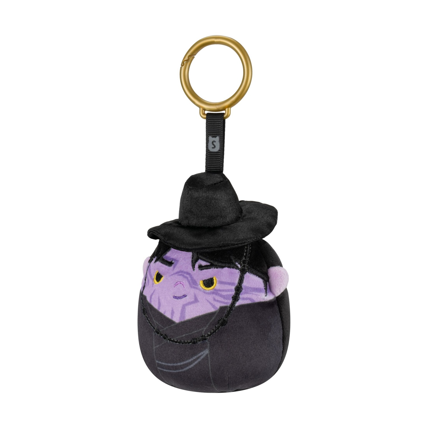 Portachiavi in peluche viola con cappello e tunica neri su sfondo bianco.