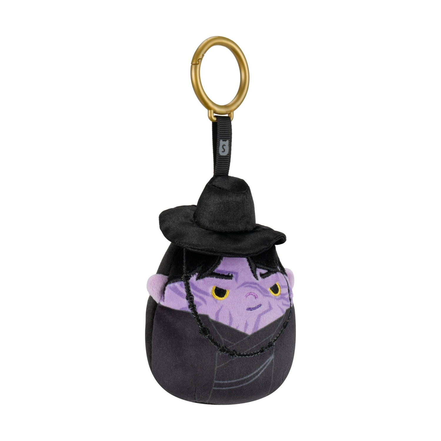 Un portachiavi di peluche viola con mantello e cappello neri su sfondo bianco.