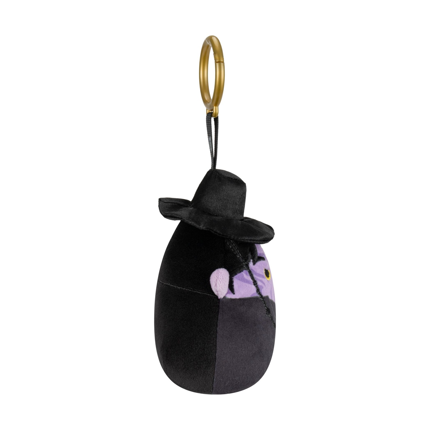 Portachiavi in peluche a forma di strega con cappello nero e occhi gialli.