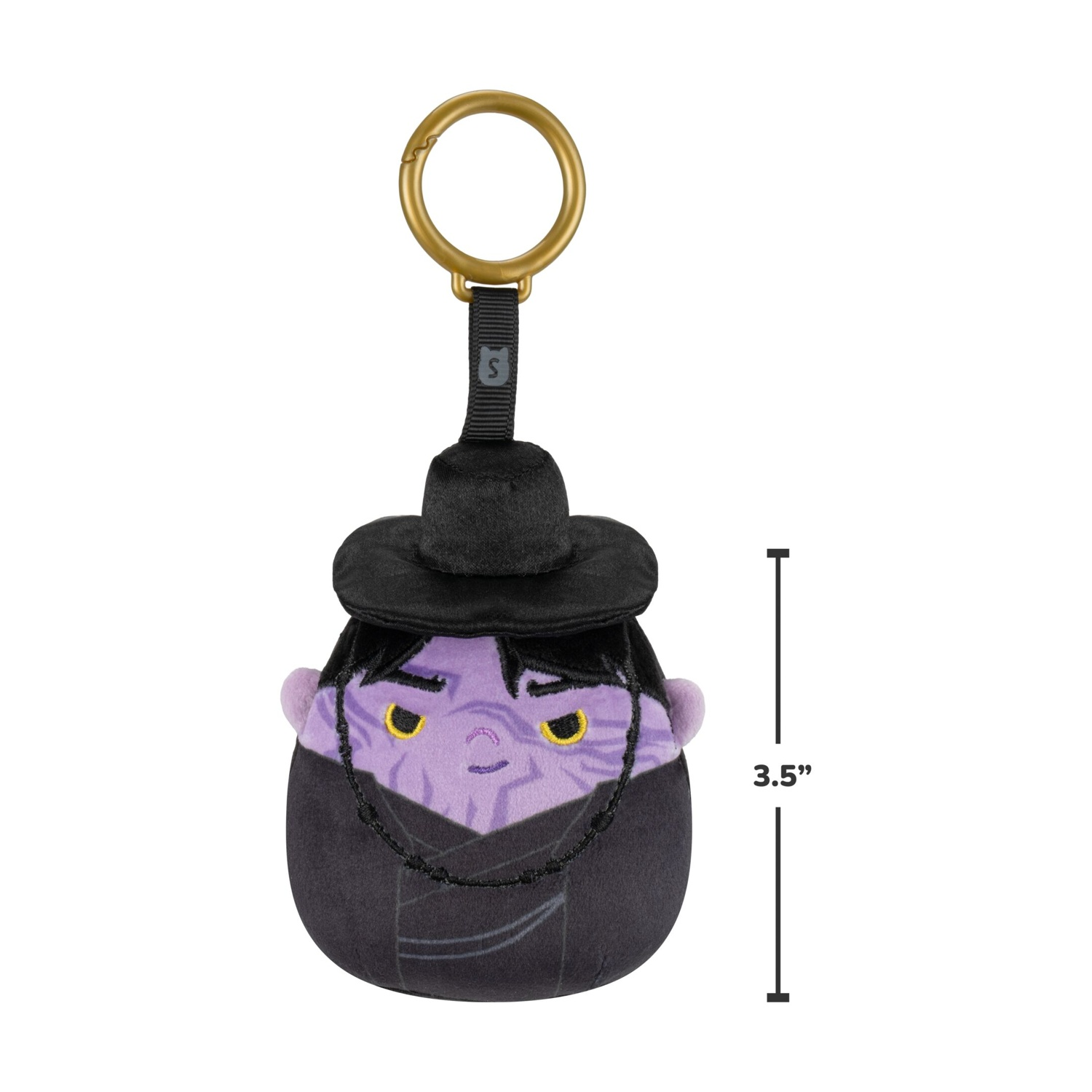 Un portachiavi di peluche di 3,5 pollici di un personaggio viola con cappello e vestito neri.