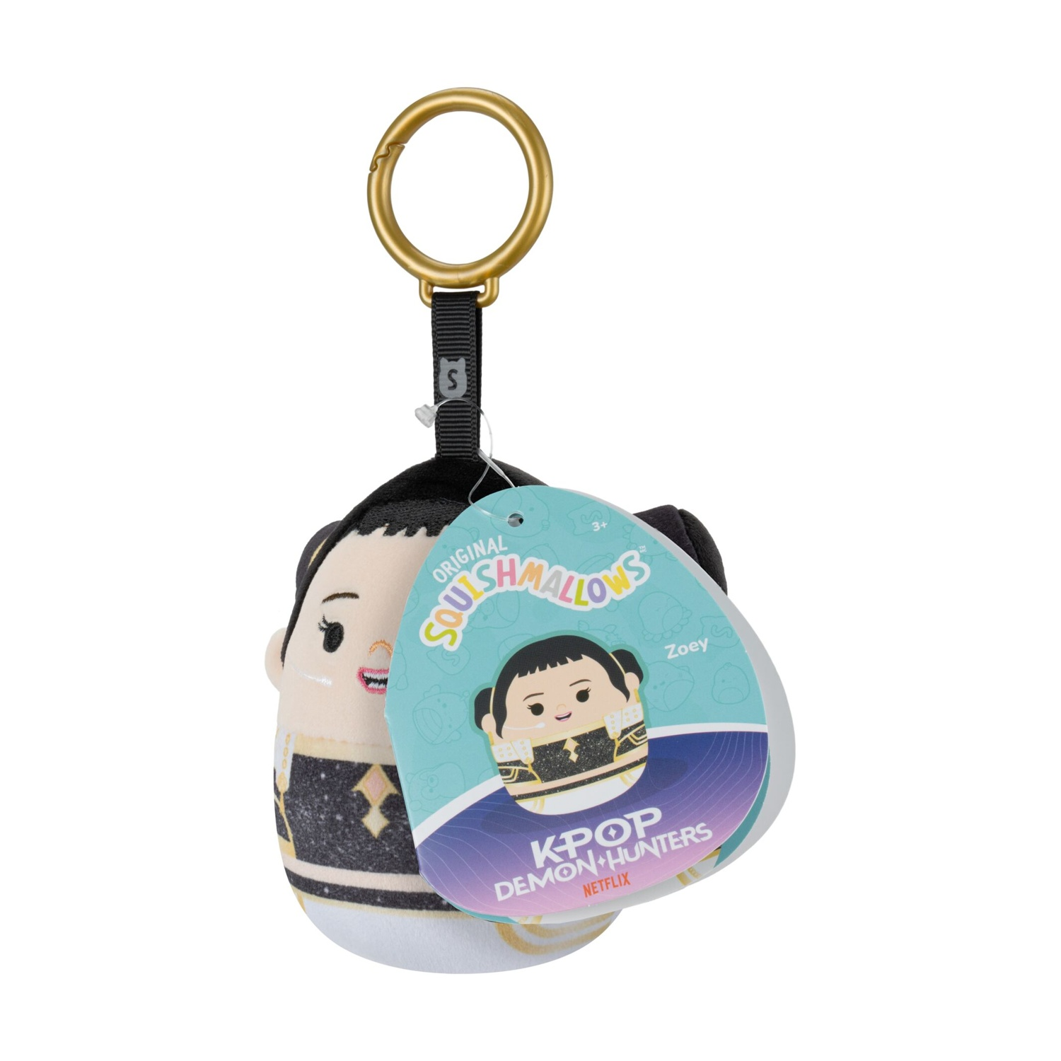 Un piccolo portachiavi in peluche Squishmallows di Zoey con anello dorato e etichetta blu.