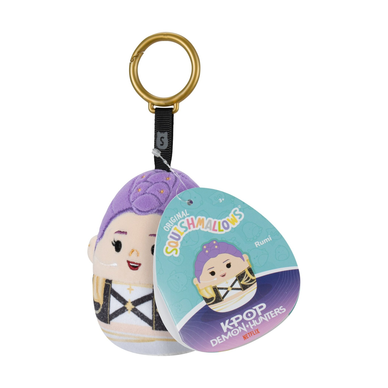 Un peluche portachiavi Rumi Squishmallows con capelli viola, anello dorato e etichetta K-Pop Demon Hunters.