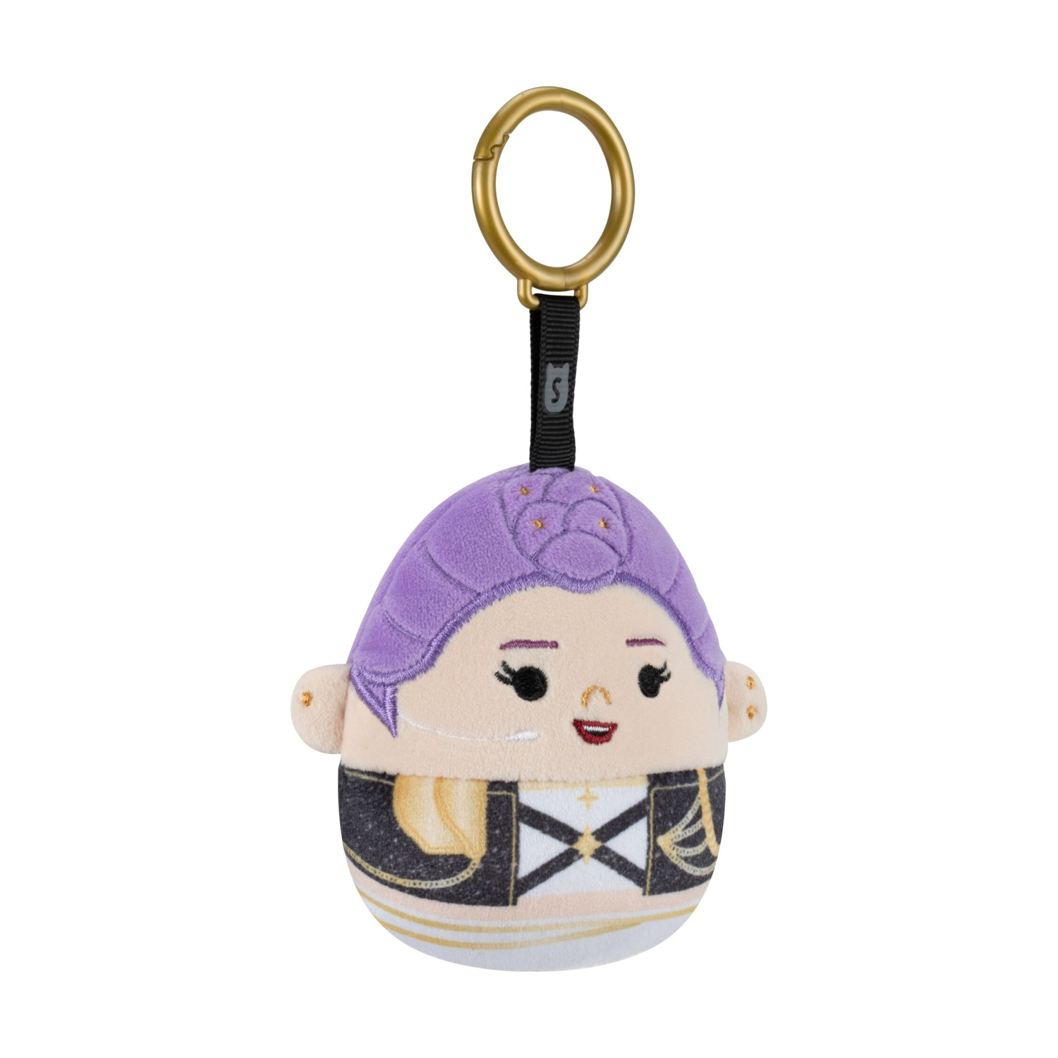 Portachiavi in peluche con capelli viola e vestito bianco e nero su sfondo bianco.
