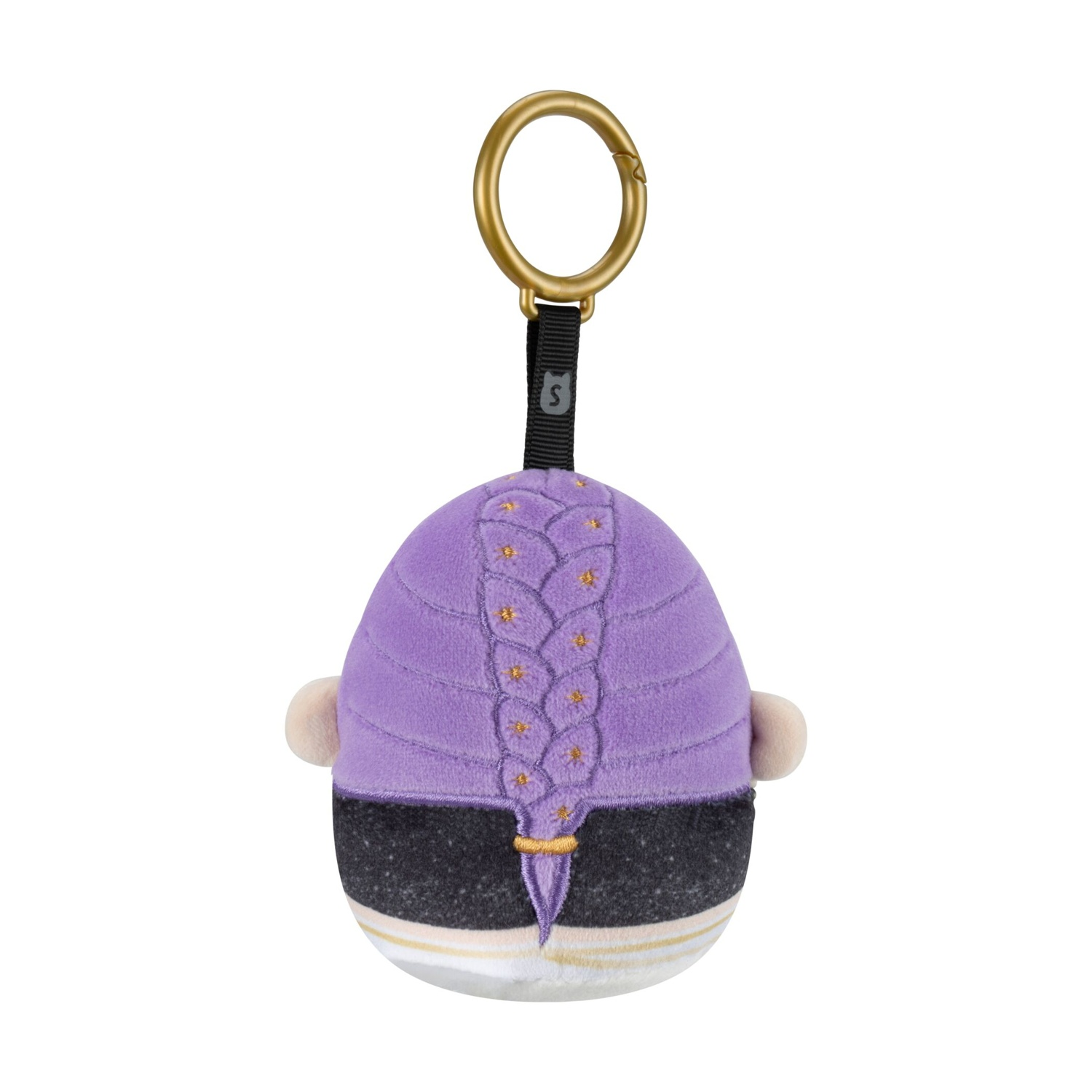 Portachiavi in peluche viola con capelli intrecciati e anello dorato su sfondo bianco.