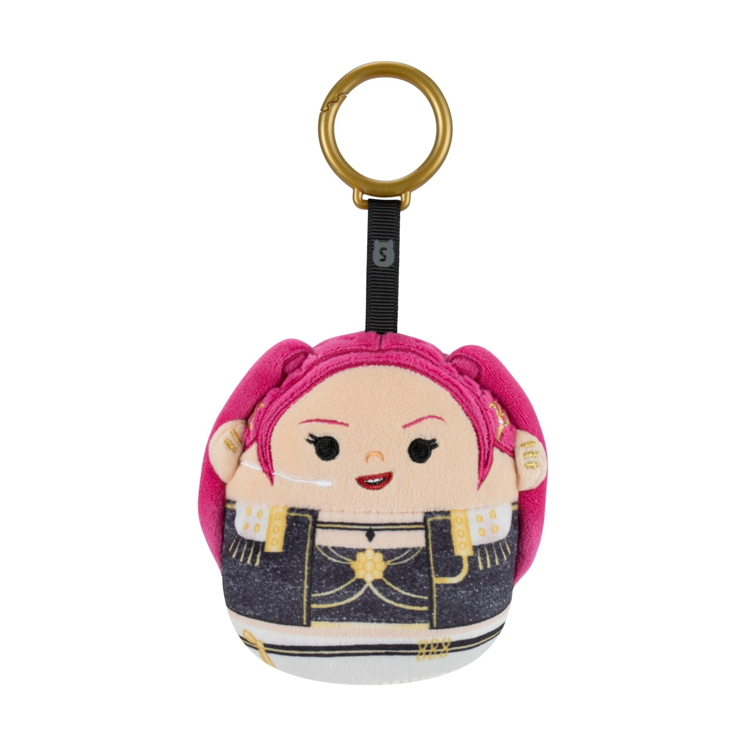 Portachiavi in peluche dai capelli rosa raffigurante un personaggio in abito bianco e nero.