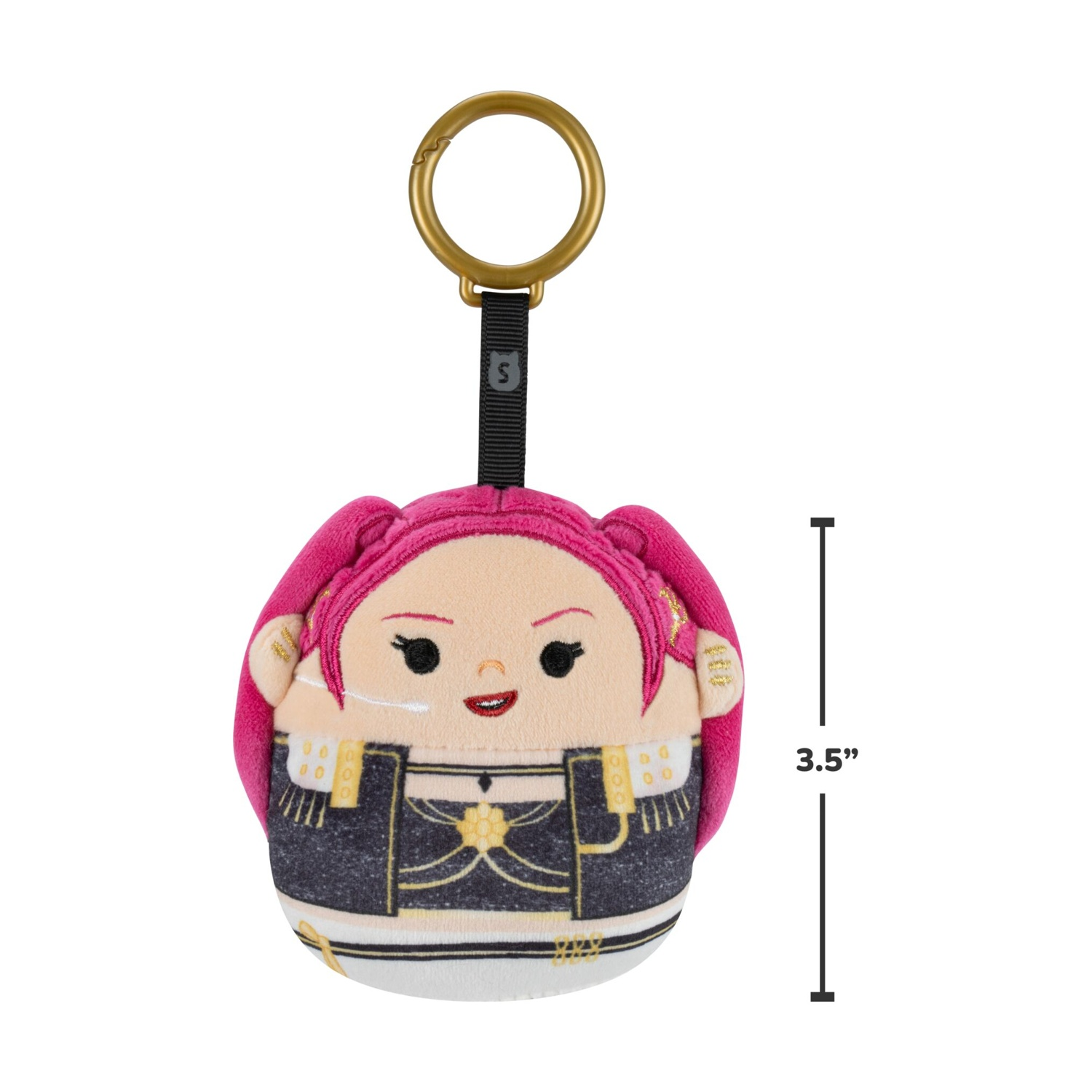 Portachiavi in peluche rosa con vestito nero, dettagli dorati e anello, alto 3,5 pollici su sfondo bianco.