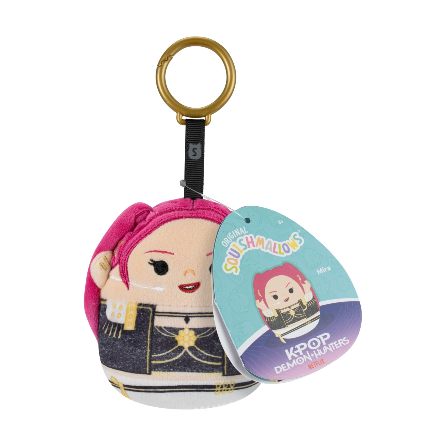 Un portachiavi di peluche Squishmallows di Mira con capelli rosa, vestiti bianchi e neri e un'etichetta.