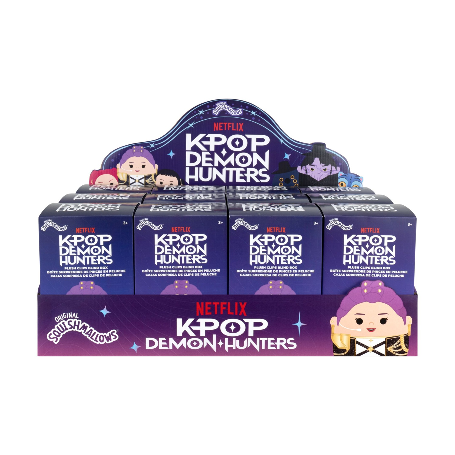 Espositore pieno di scatole misteriose in peluche KPop Demon Hunters.
