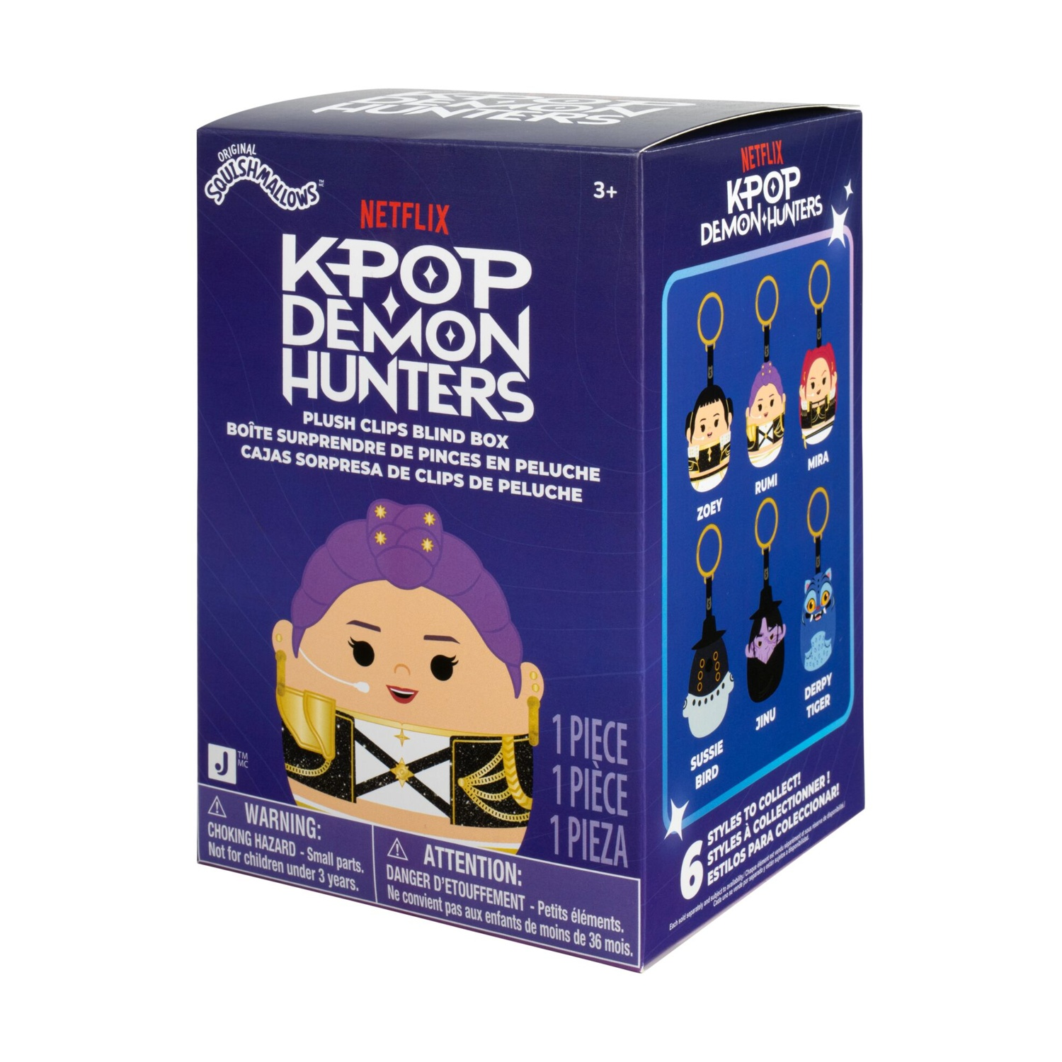 Una scatola misteriosa blu KPop Demon Hunters con clip di peluche.