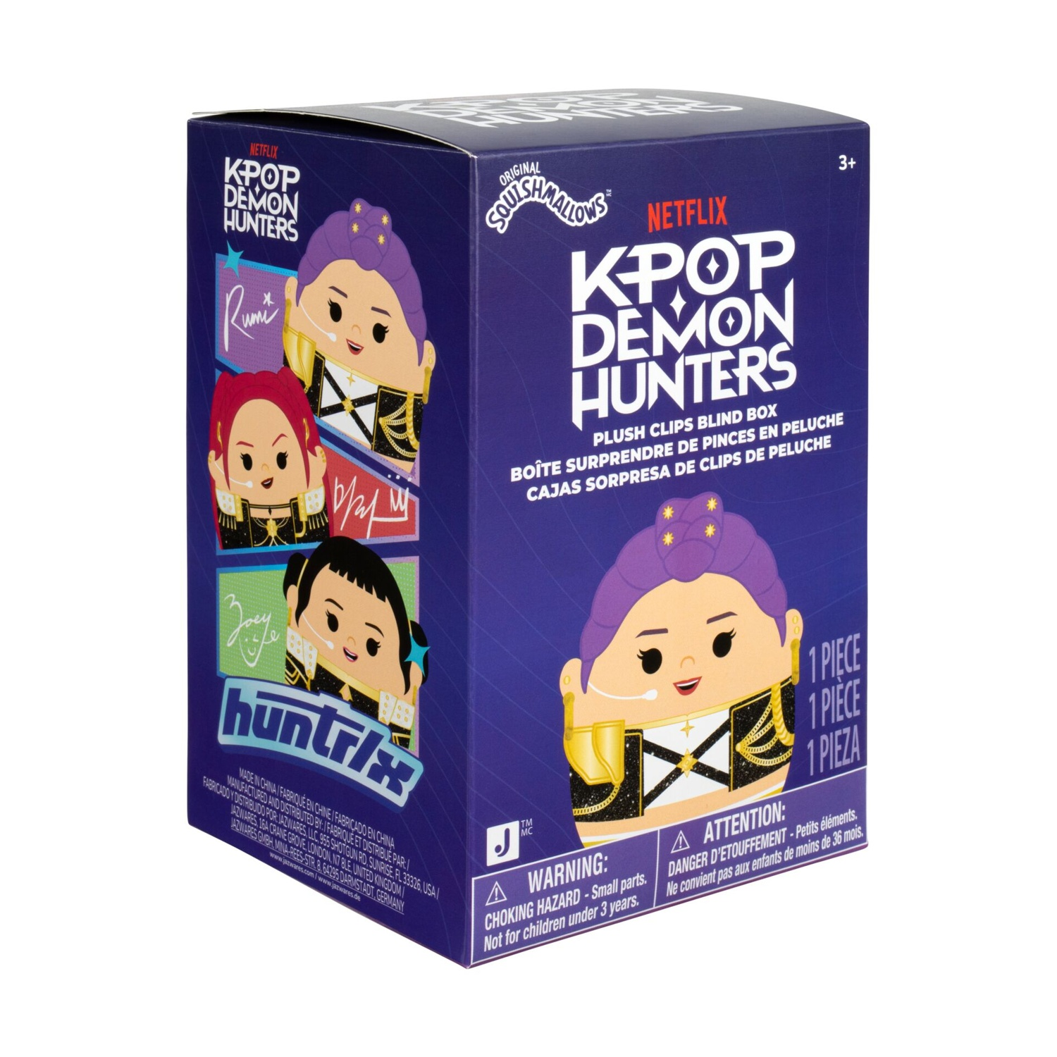 Una blind box viola di peluche Netflix Kpop Demon Hunters con grafica dei personaggi e avvertenze.