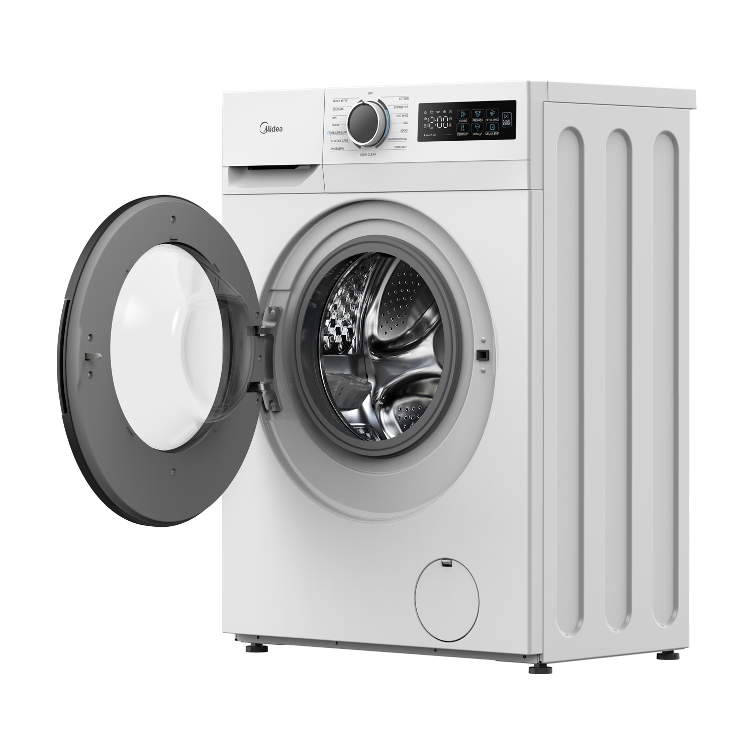 Una lavatrice bianca Midea con la porta dell'oblò aperta e un cestello in acciaio inox visibile.
