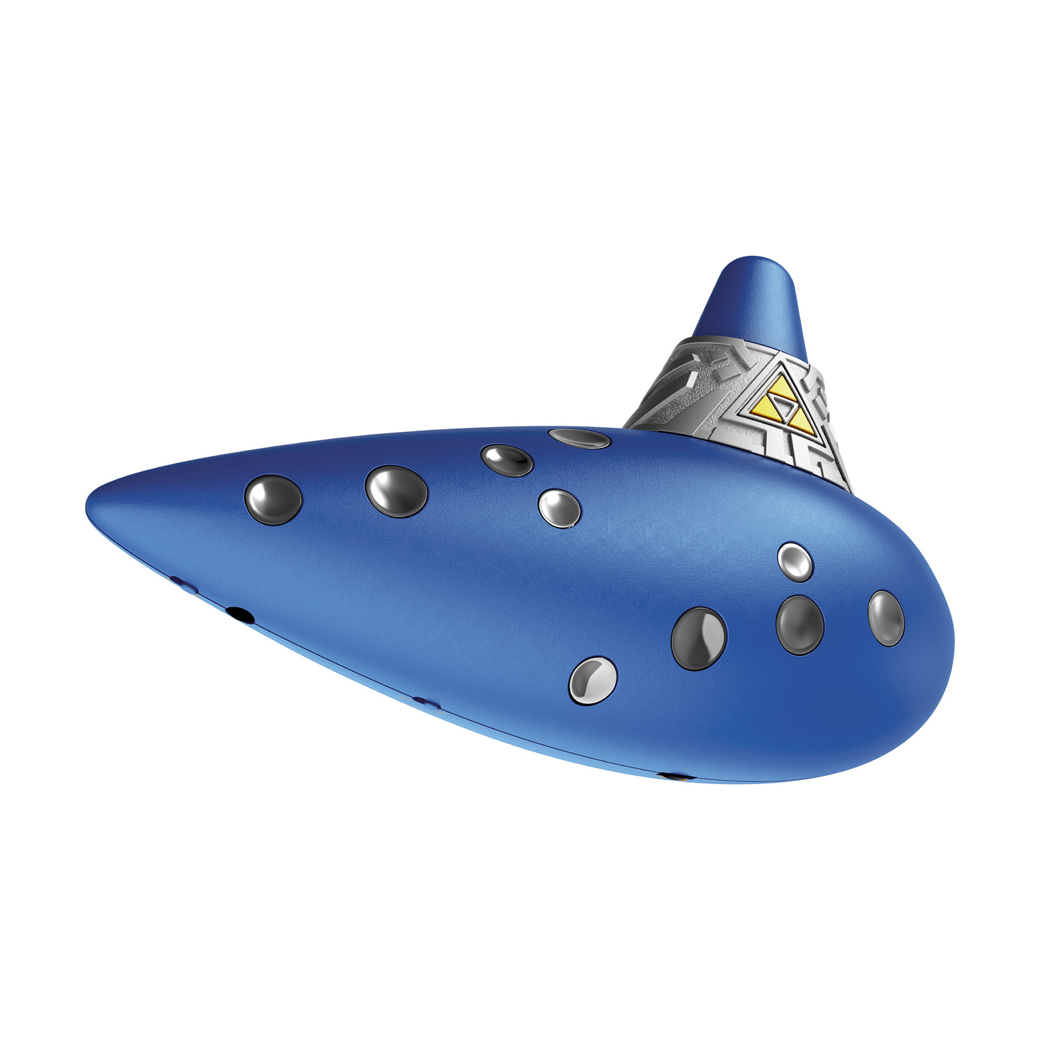 Ocarina blu con ornamenti argentati e bottoni su sfondo bianco.