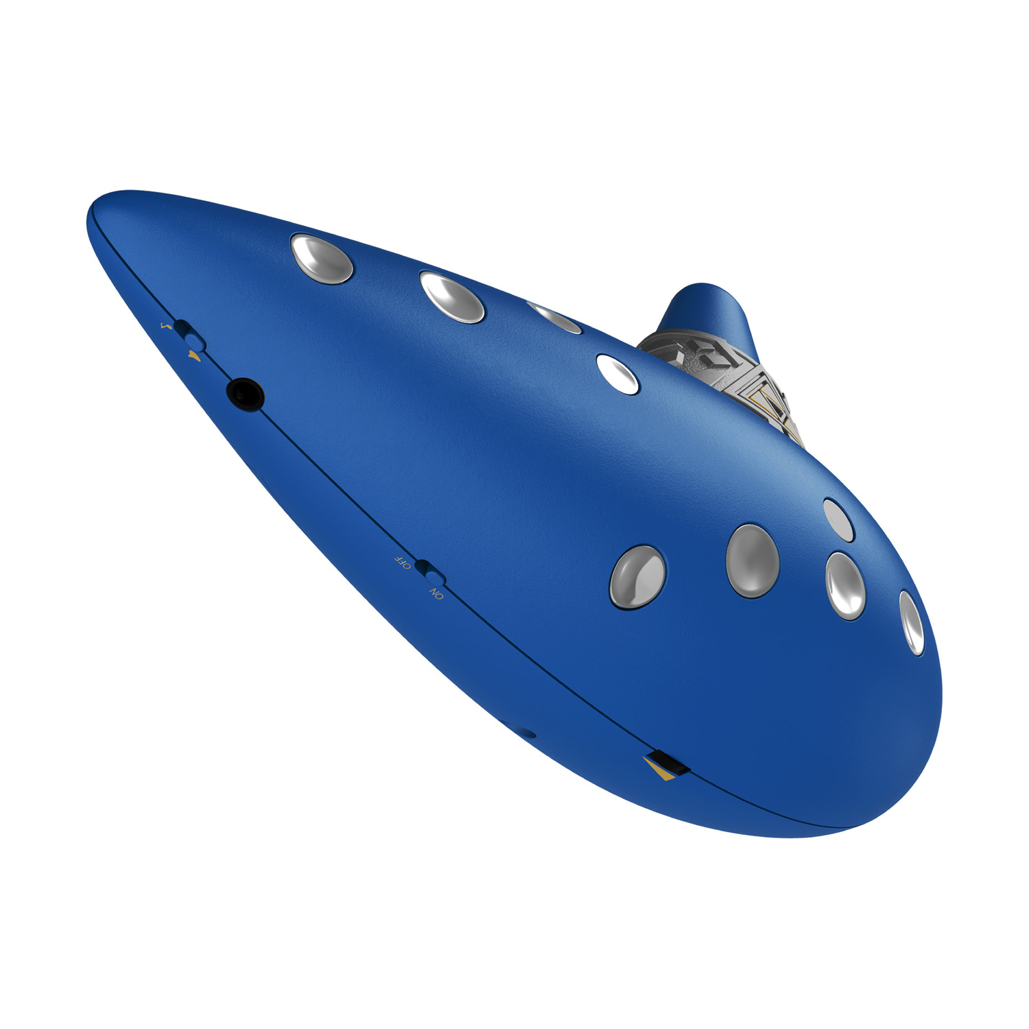 Ocarina blu con tasti argentati e un bocchino decorato su sfondo bianco.