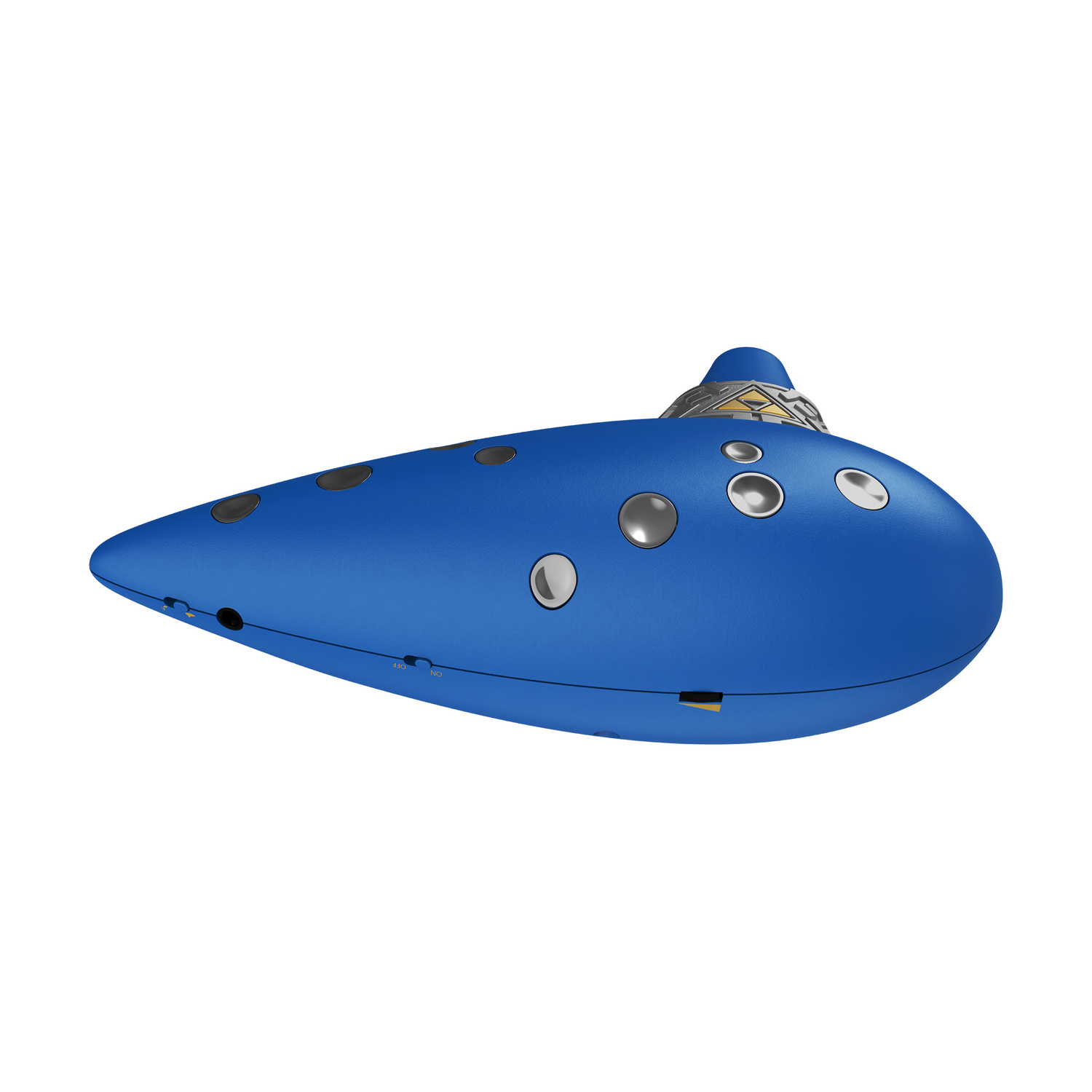 Un'ocarina blu con fori argentati e neri e una fascia decorativa vicino al bocchino.