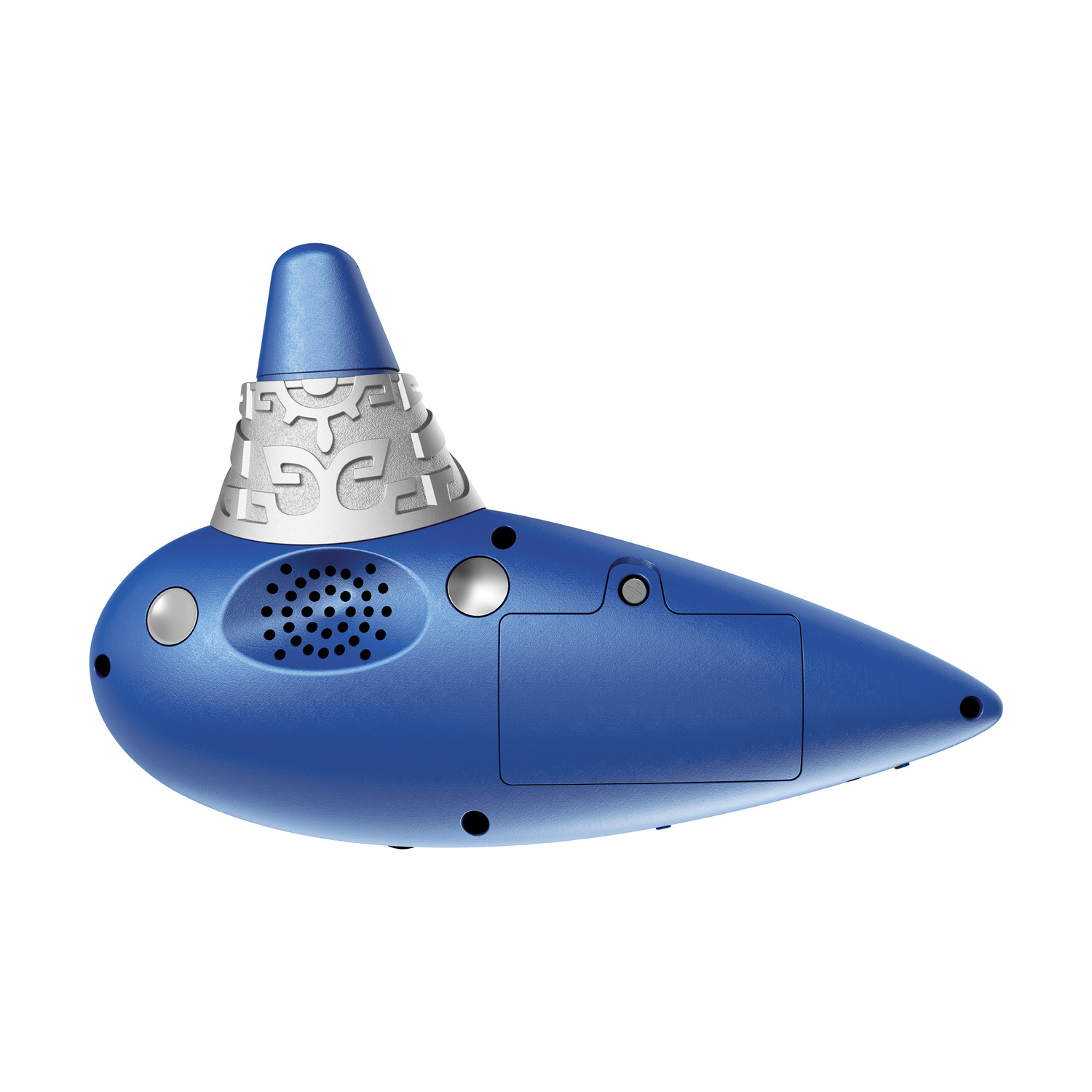 Un'ocarina blu con decorazioni argento, tasti, altoparlante e vano batterie su sfondo bianco.