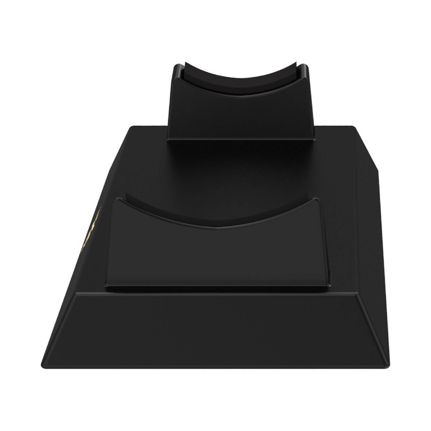 Un supporto nero con due culle curve su sfondo bianco.