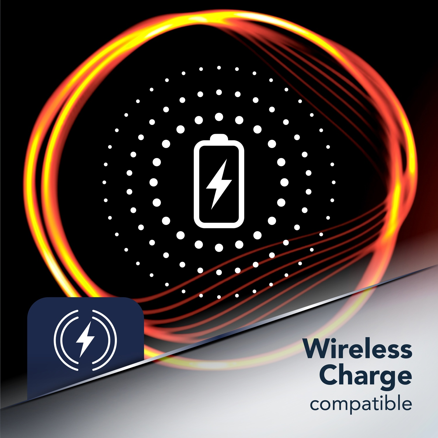 Icona della batteria con fulmine al centro, circondata da onde luminose rosse e gialle.