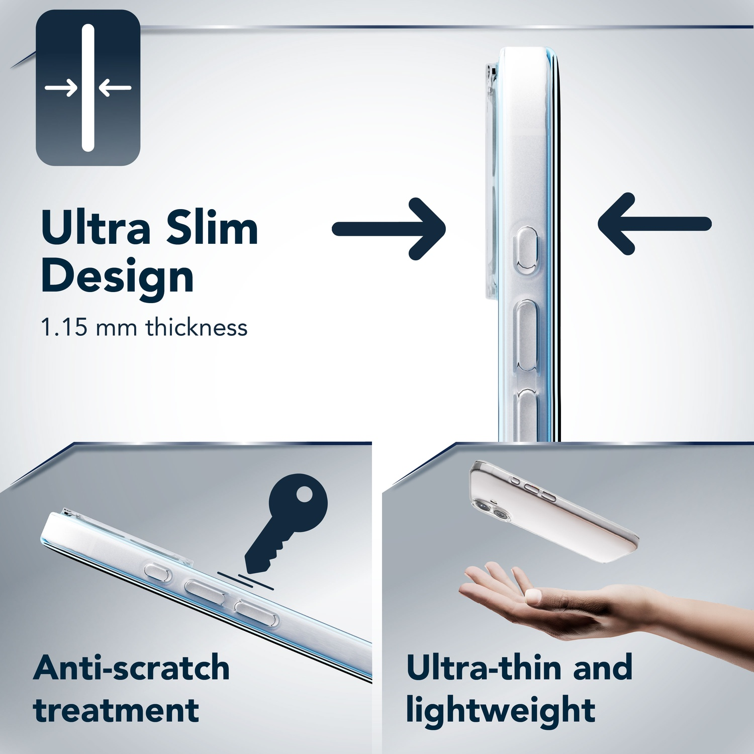 Design per smartphone ultra sottile, leggero e antigraffio con spessore di 1,15 mm.