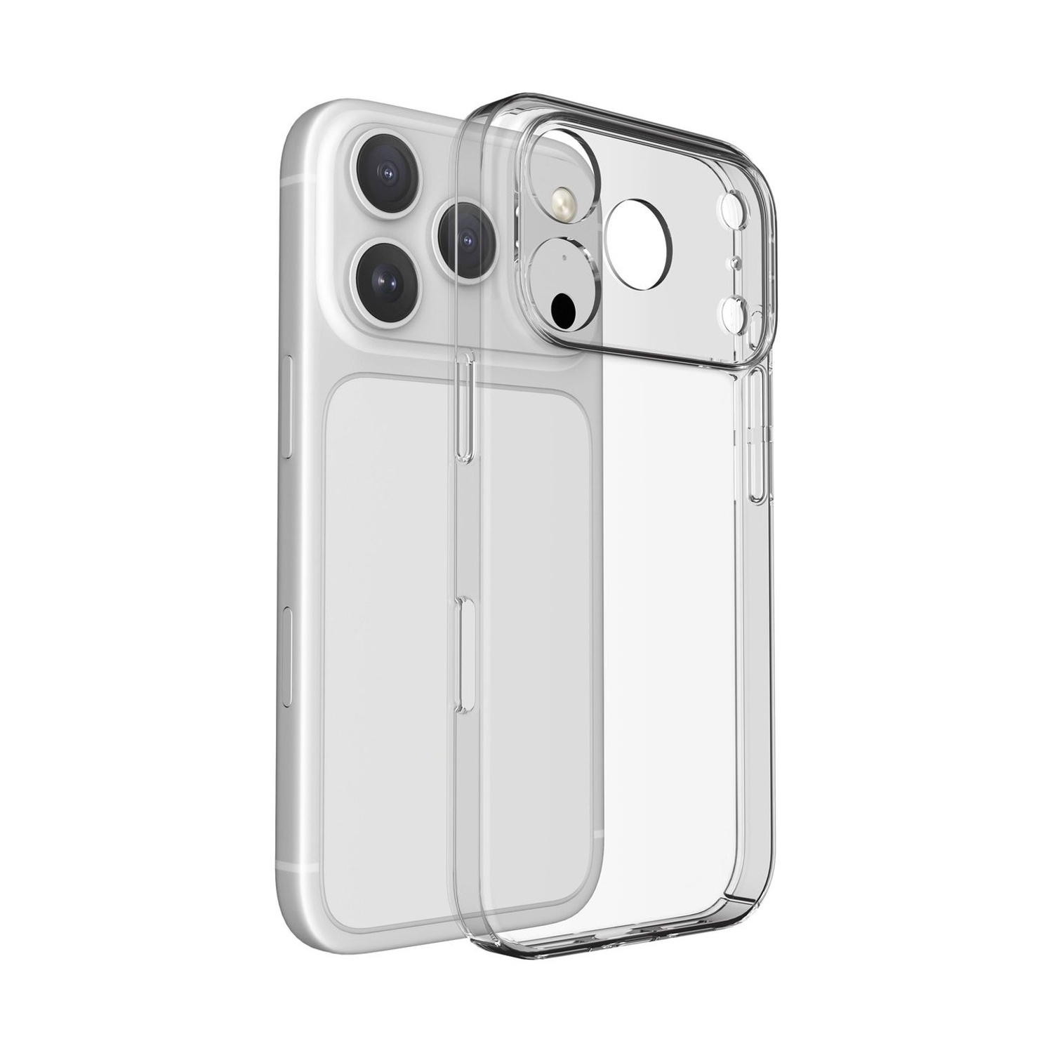 Custodia protettiva trasparente su smartphone bianco con tripla fotocamera, su sfondo bianco.