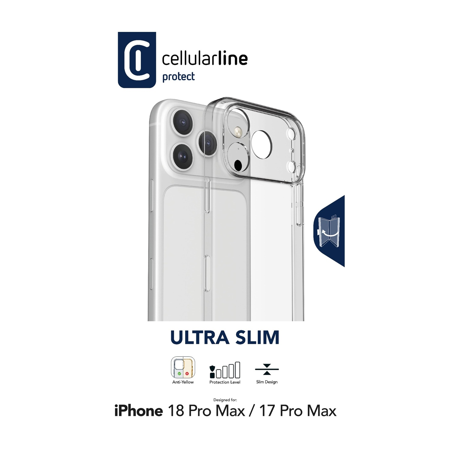 Custodia trasparente per iPhone 18 Pro Max e 17 Pro Max con design ultra sottile e logo.