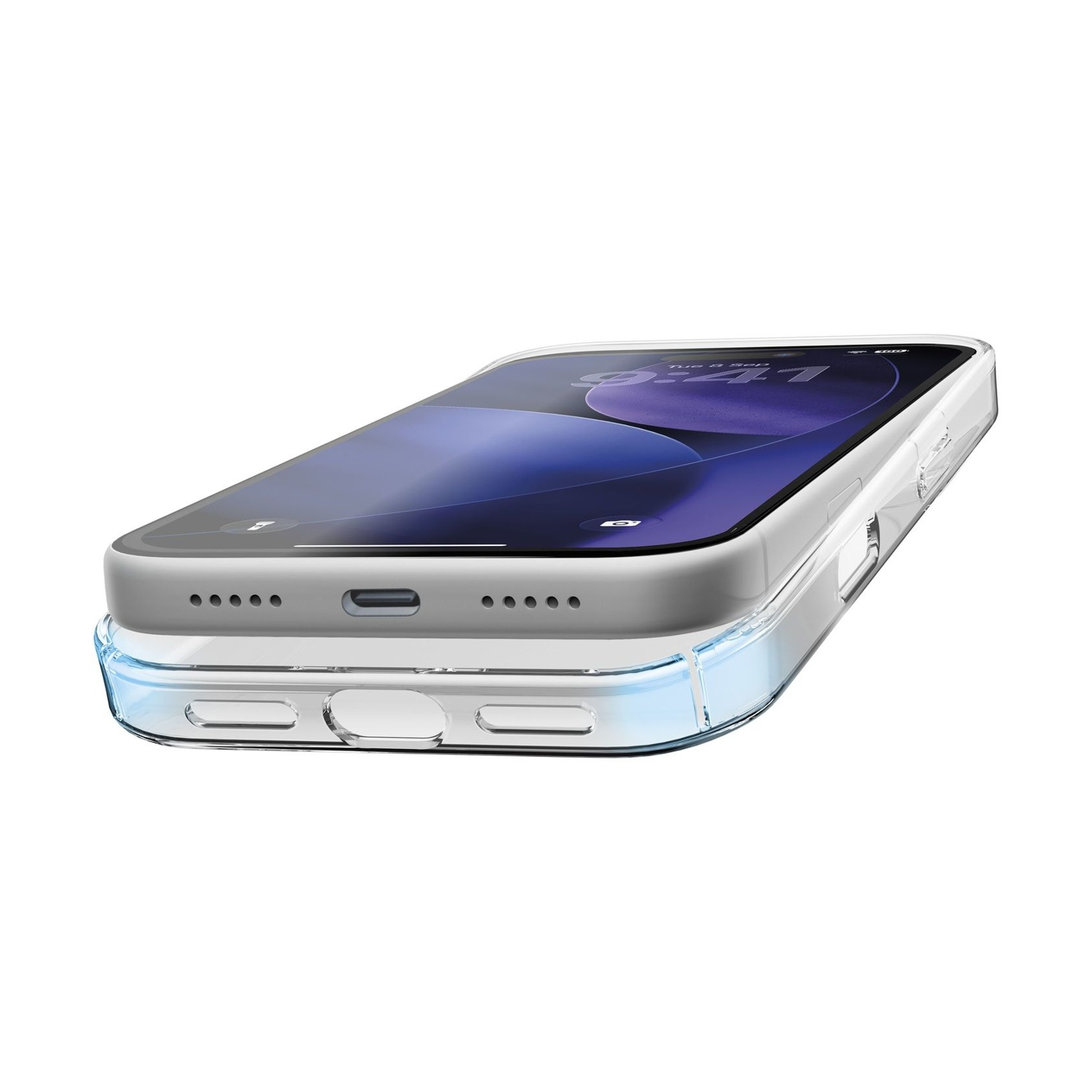 Uno smartphone in una custodia protettiva trasparente, visto dal basso su sfondo bianco.