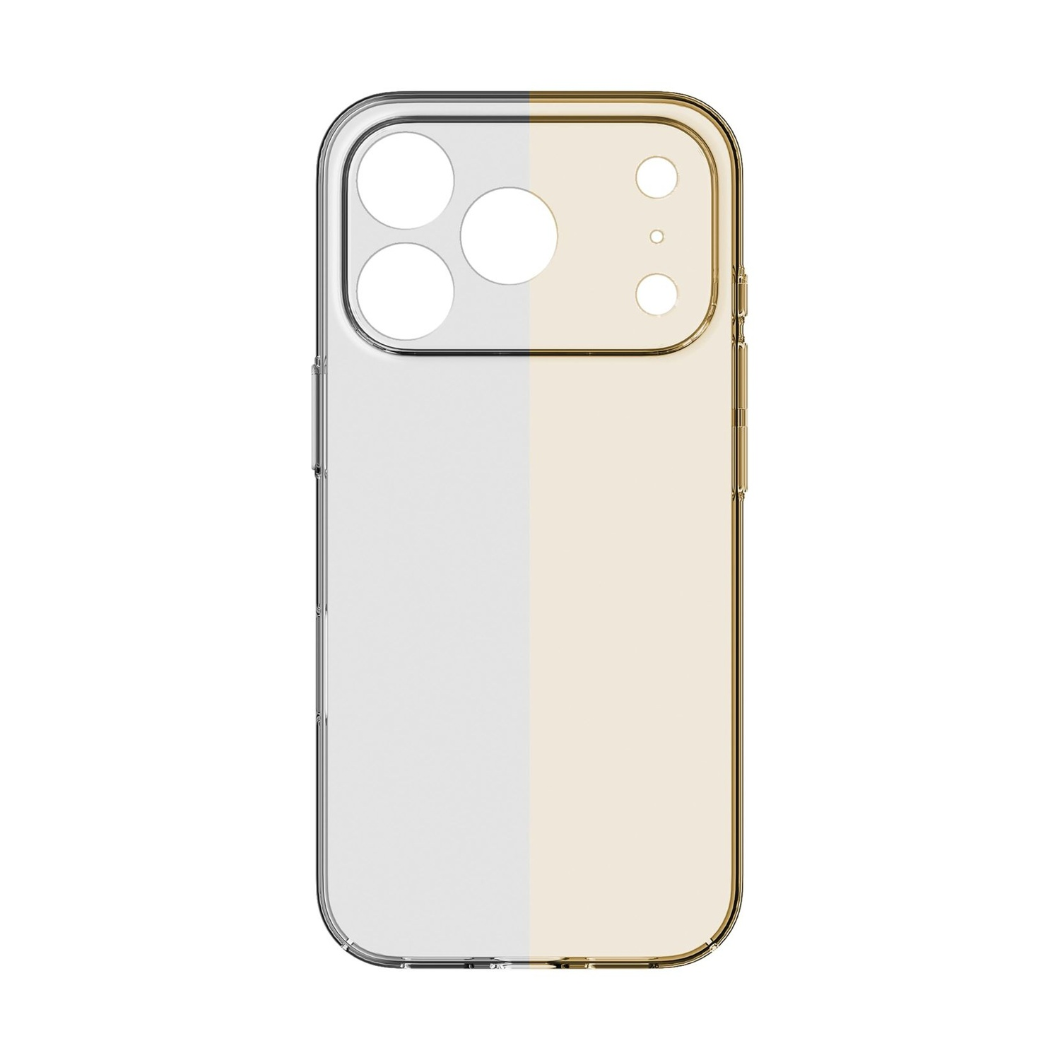 Una custodia trasparente per smartphone con aperture per fotocamera, divisa verticalmente in argento e oro.