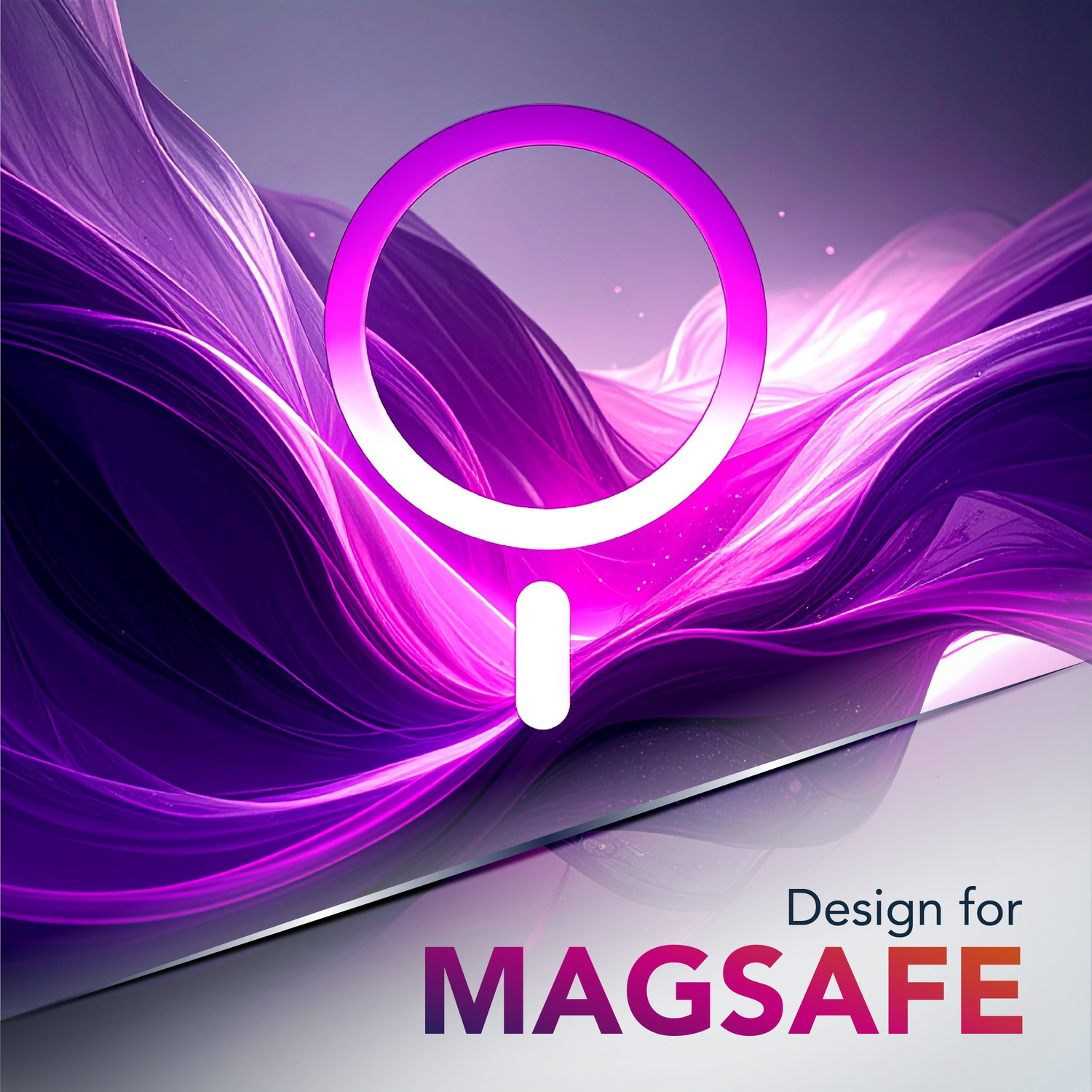 Un'icona MagSafe rosa brillante fluttua su onde astratte viola con la scritta "Design for MAGSAFE" in basso.