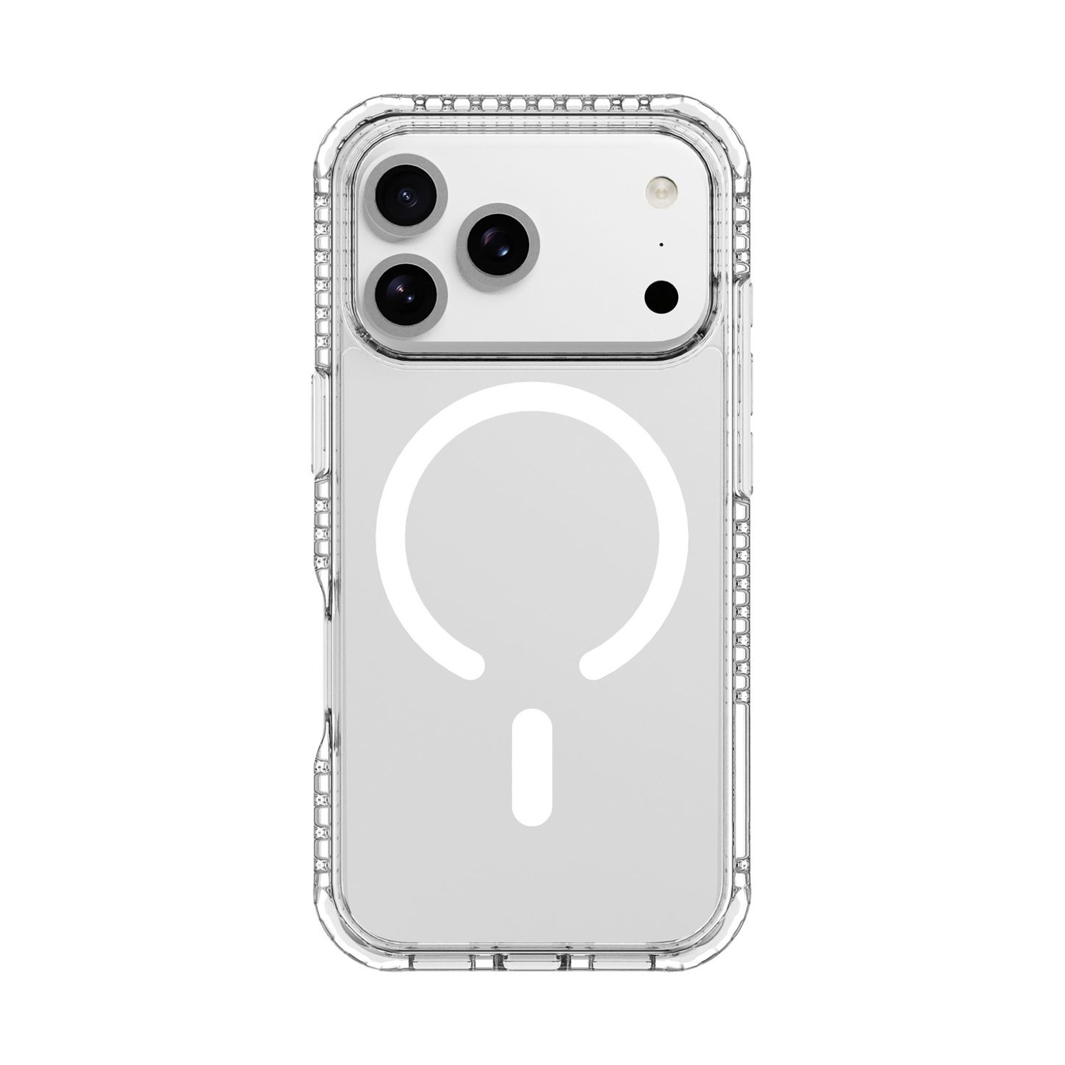 Retro di uno smartphone in custodia trasparente con anello MagSafe bianco e tripla fotocamera.