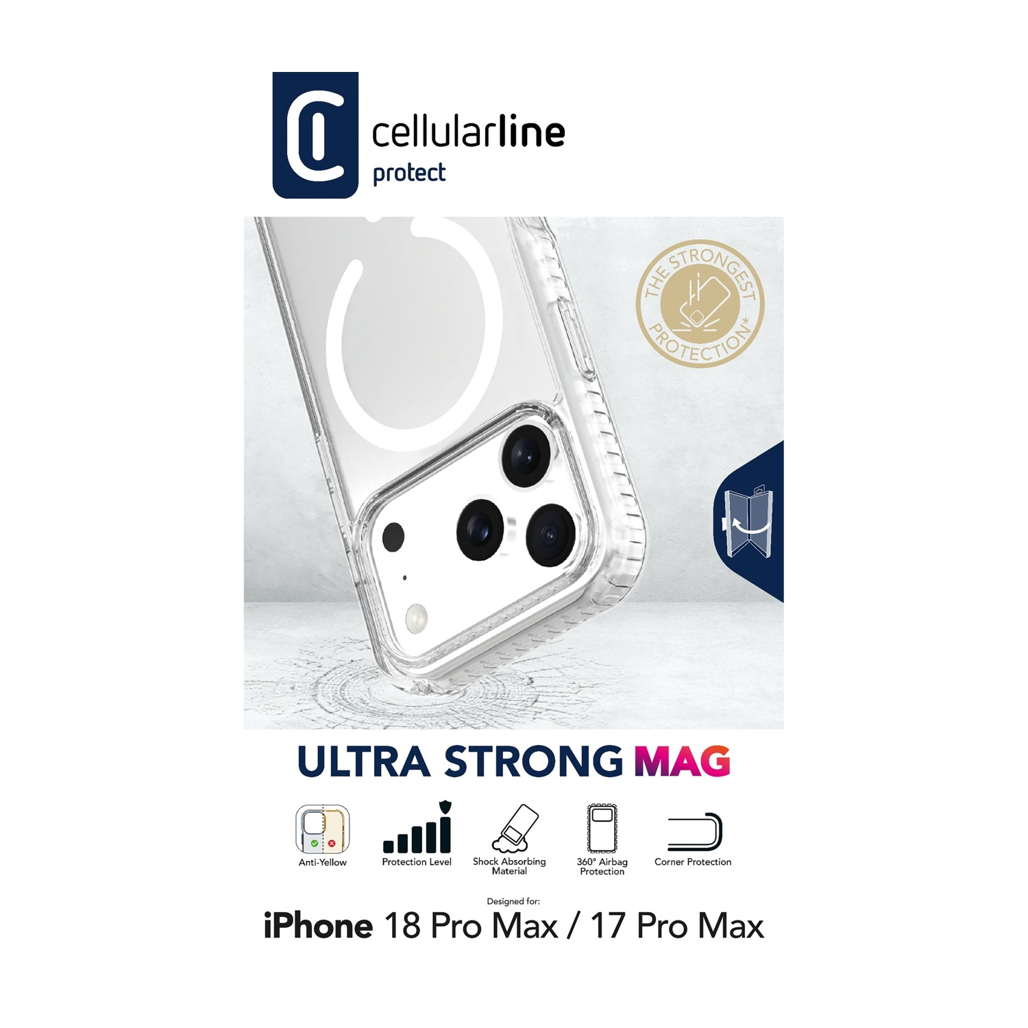 Custodia trasparente Cellularline Ultra Strong Mag per iPhone, con fori per fotocamera, anello magnetico e icone.