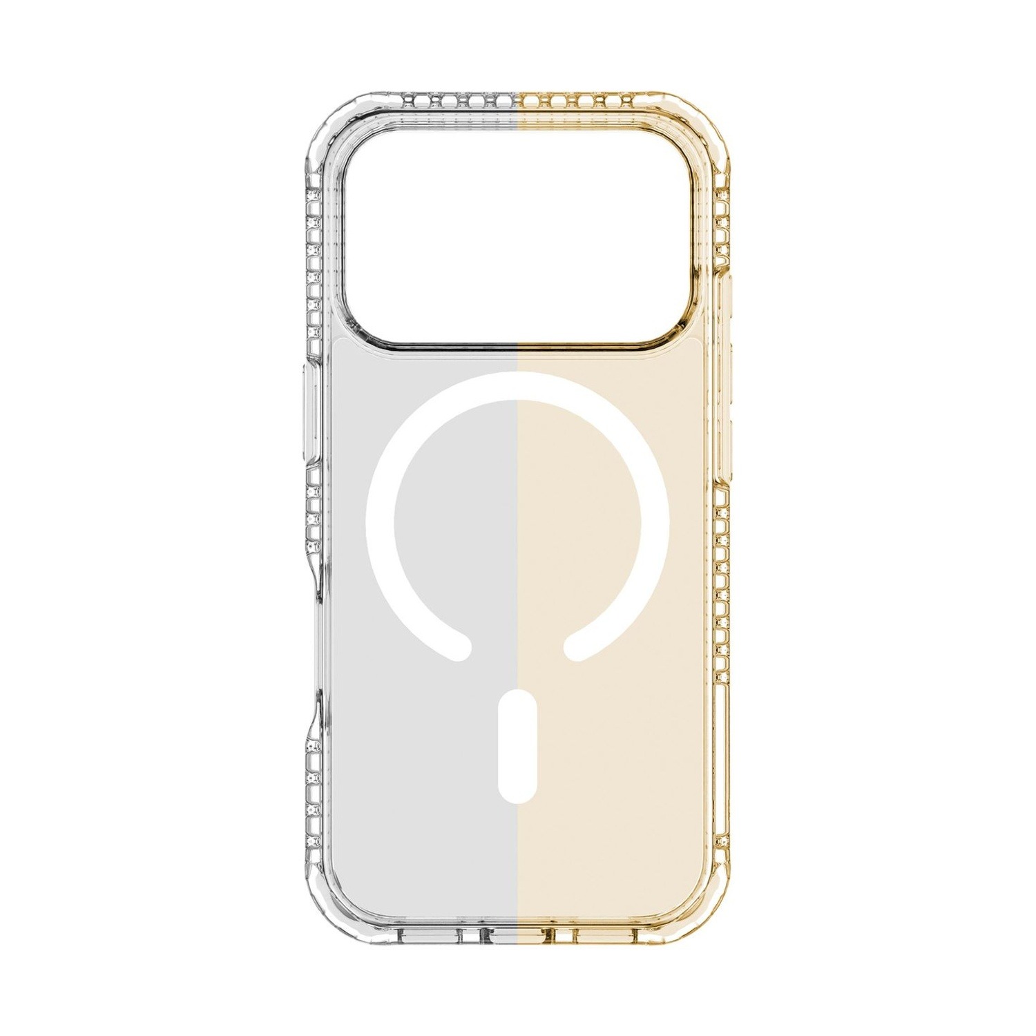 Custodia per telefono trasparente con anello magnetico MagSafe integrato, divisa in metà argento e oro.