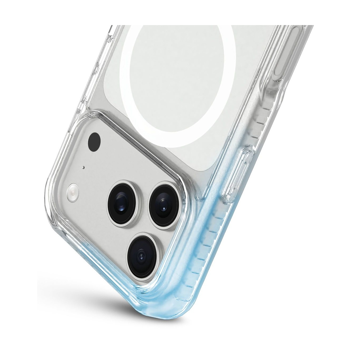 Retro di un iPhone in una custodia protettiva azzurra trasparente con le fotocamere.