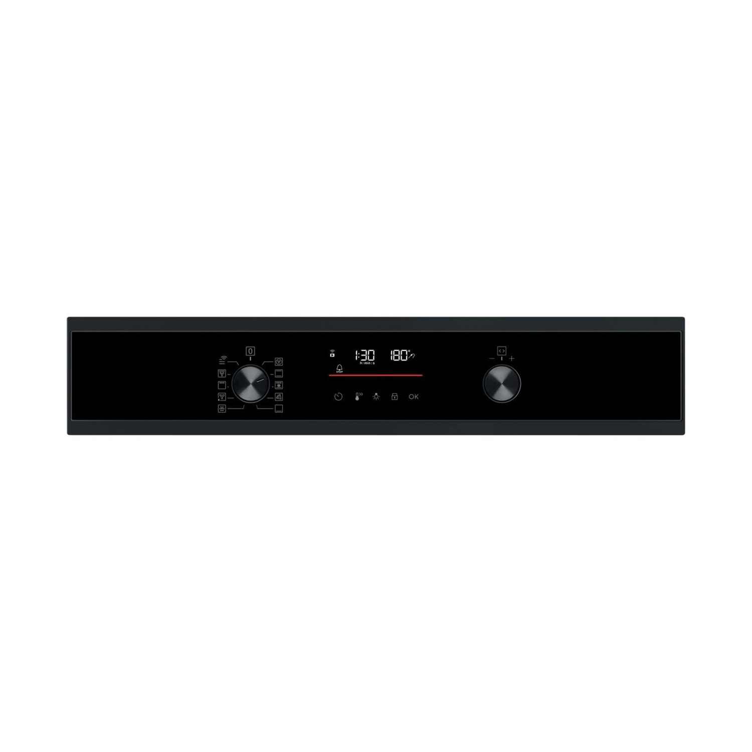 Pannello di controllo del forno nero con display digitale centrale, due manopole e icone touch.
