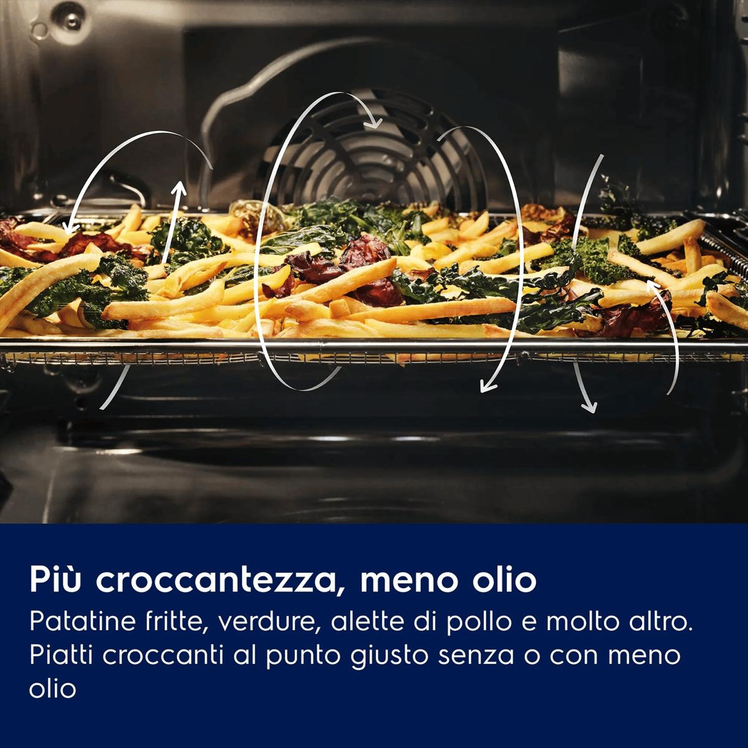 Patatine e verdure su una griglia in un forno ventilato.