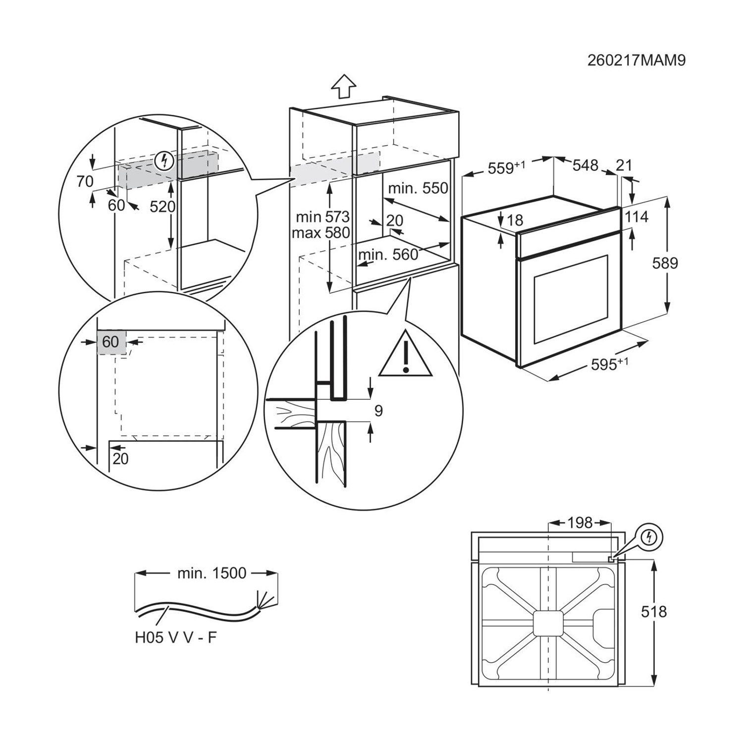 Disegno tecnico che mostra le dimensioni di installazione e i dettagli per un forno da incasso.