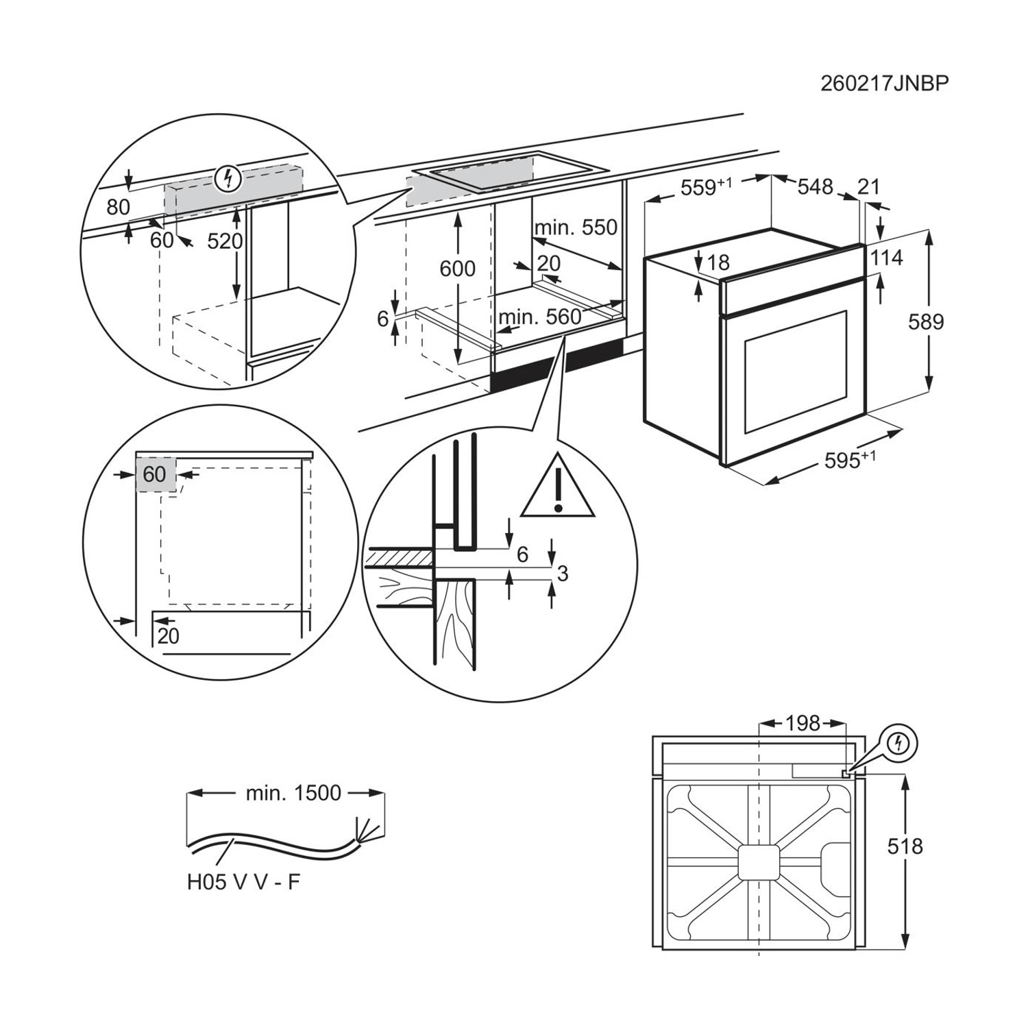 Disegno tecnico che mostra le dimensioni di installazione per forno e mobile.