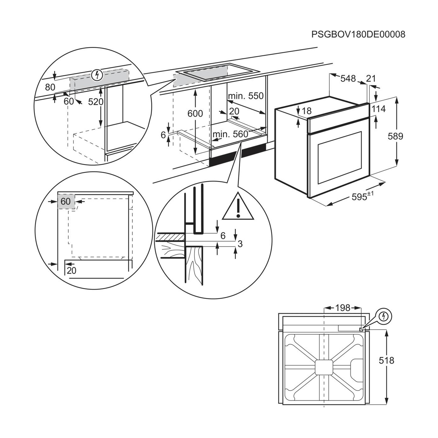 Disegno tecnico con le quote di installazione per un forno, incluse viste di dettaglio.
